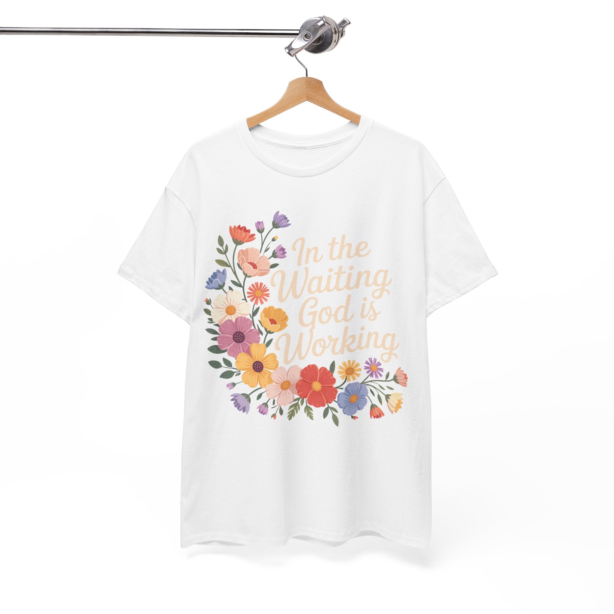 Pastel Floral “In the Waiting God Is Working” Unisex Cotton T-Shirt