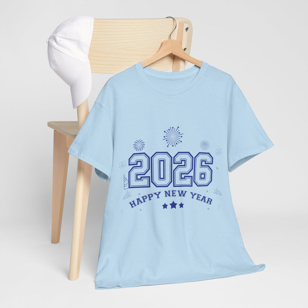 Happy New Year 2026 Varsity Tee — Fireworks & Confetti Celebration Unisex Cotton Tee