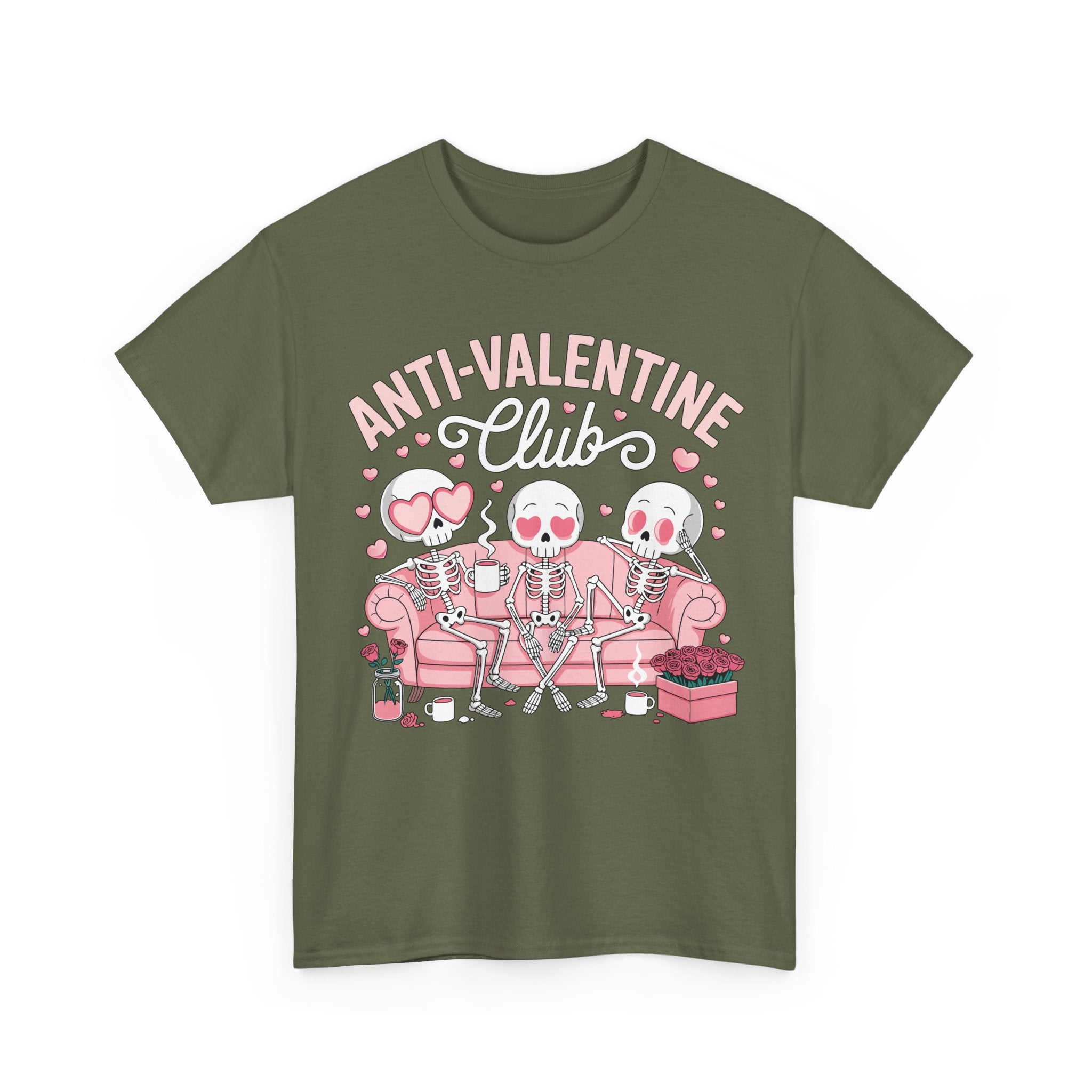 Anti-Valentine Club Skeleton Tee — Anti-Romance Pink Couch Graphic Unisex Cotton T-Shirt