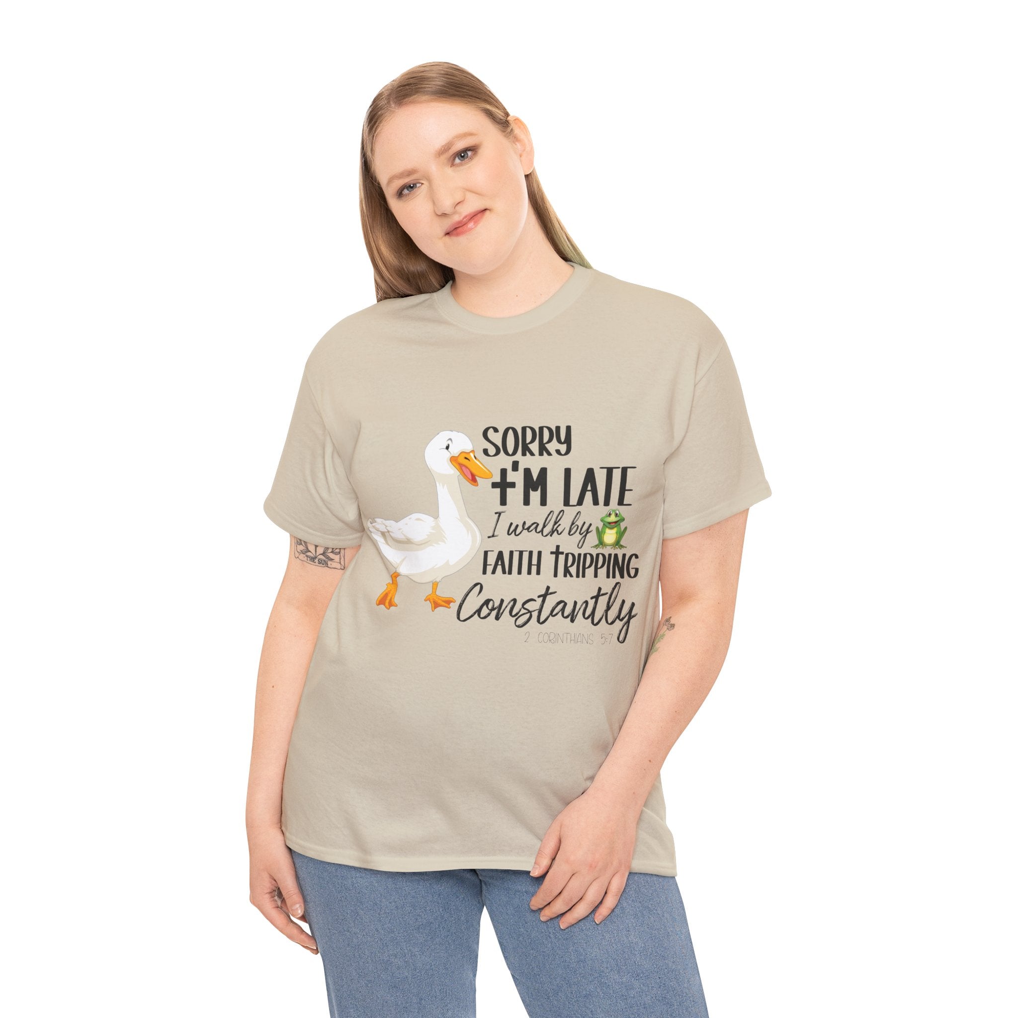 Christian Humor T-Shirt — “Sorry I’m Late, I Walk by Faith Tripping Constantly” (Duck & Frog). Unisex Cotton Tee