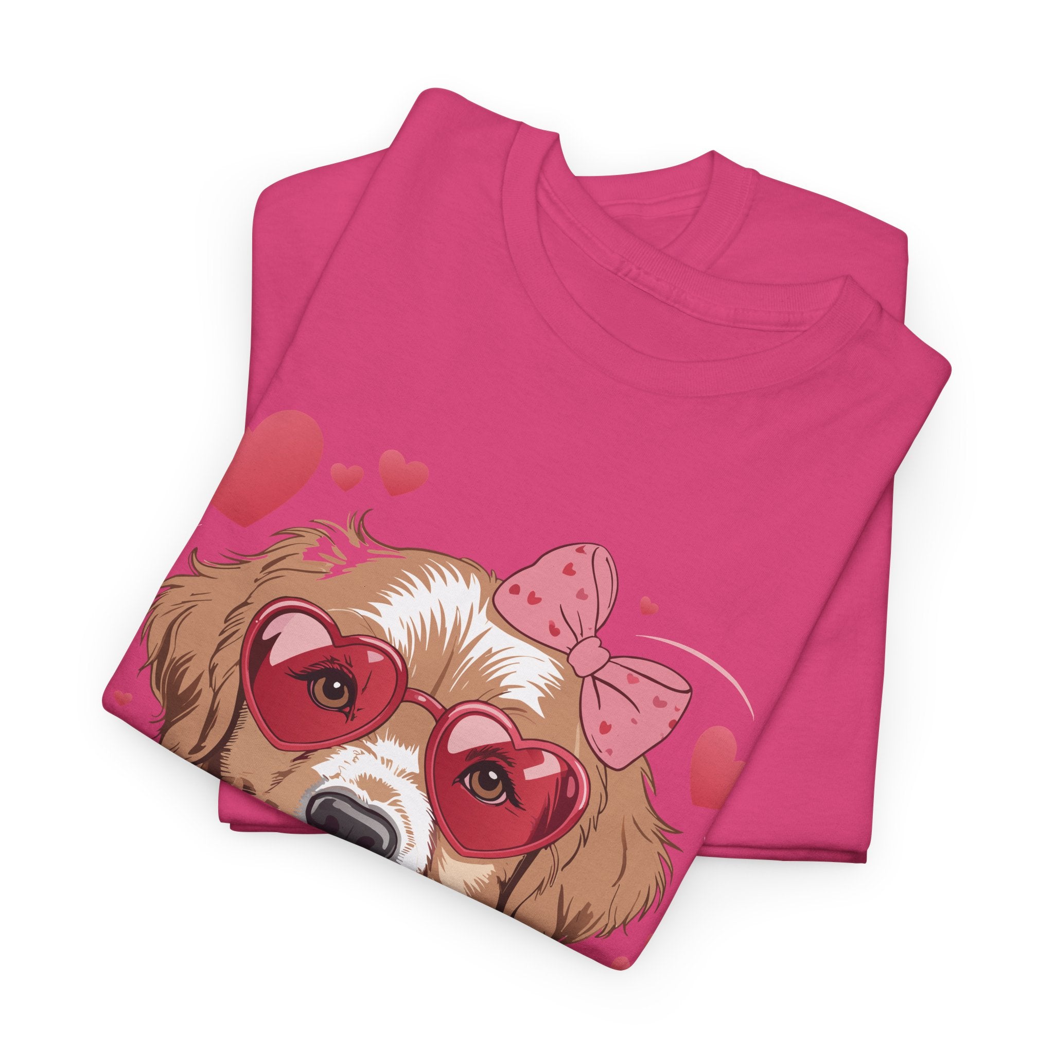 Valentine Dog T-Shirt — Cute Pup with Heart Glasses, Pink Bow & Lollipop..Unisex Cotton Tee