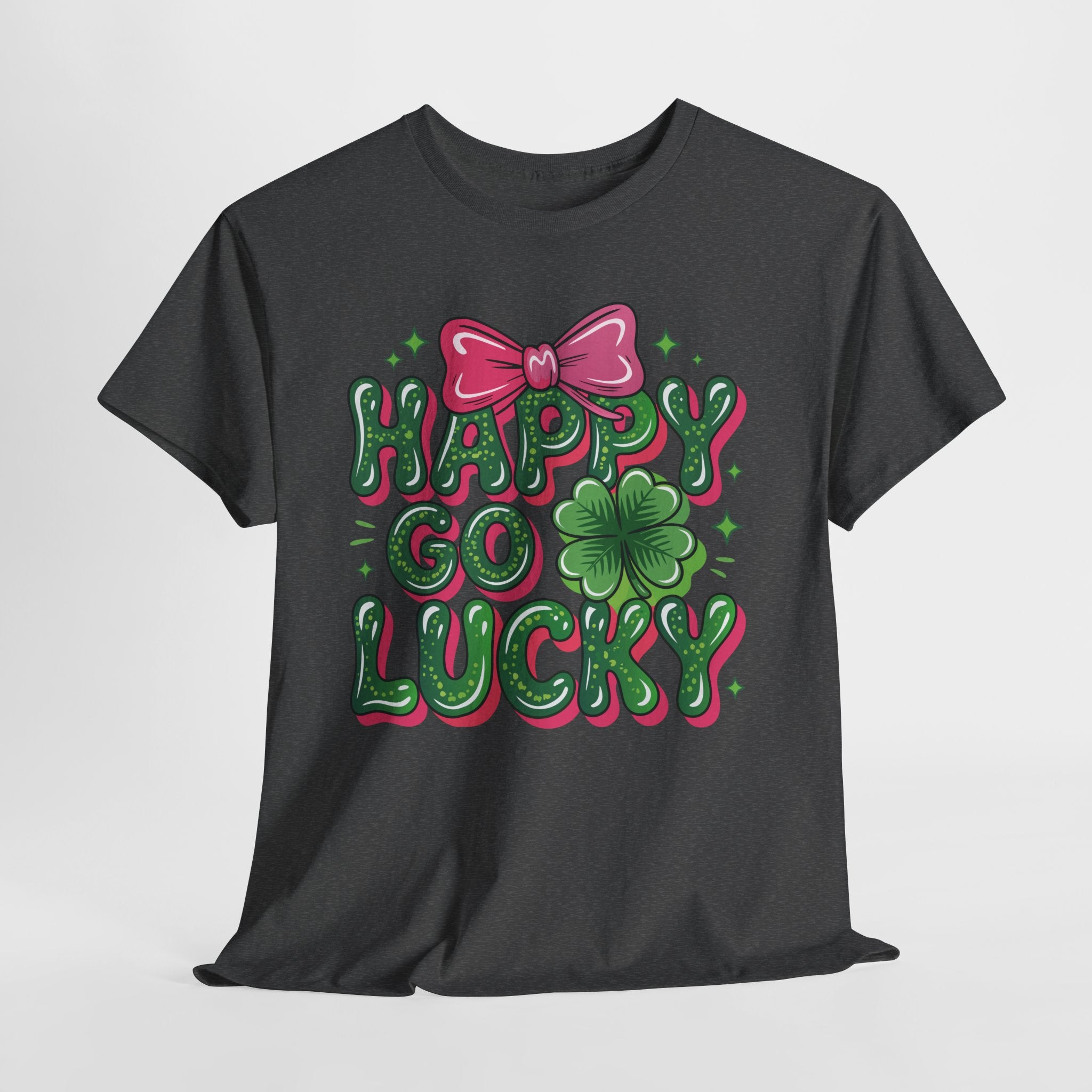 Happy Go Lucky Four-Leaf Clover Tee — Glossy Green Letters & Pink Bow Unisex Cotton Tee