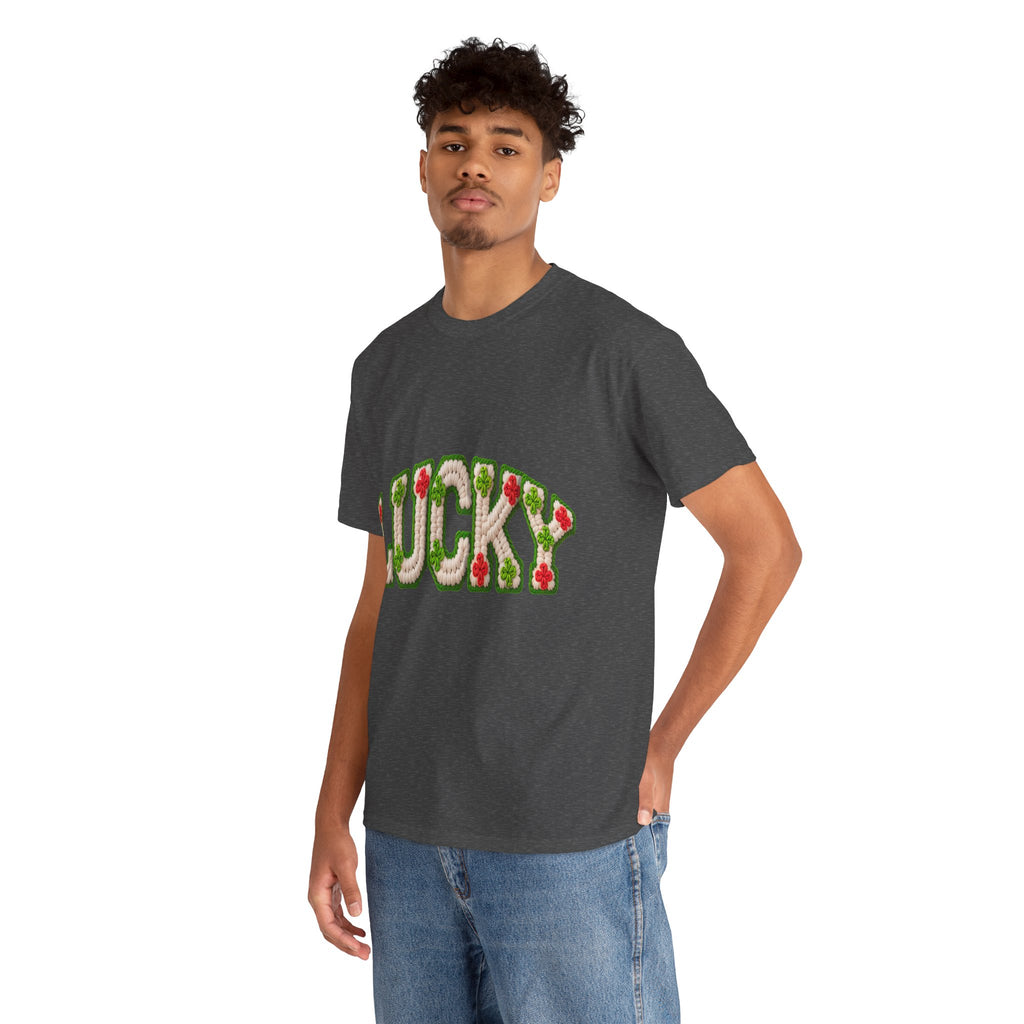 Lucky Crochet Clover T-Shirt — Faux-Yarn Embroidered St. Patrick’s Unisex Cotton Tee