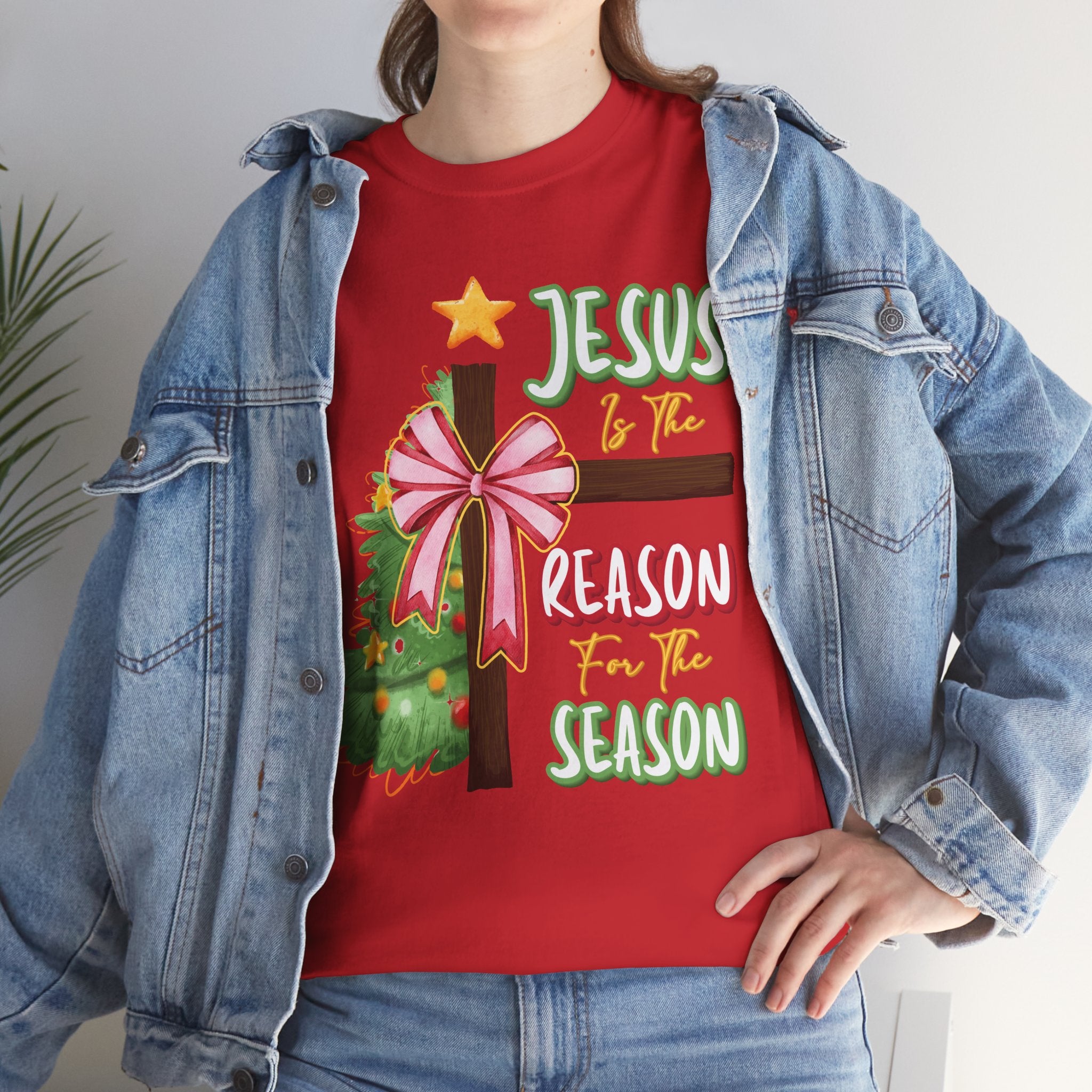 Jesus Is the Reason for the Season Christmas Tee — Cross with Pink Bow & Tree. Unisex Cotton Tee