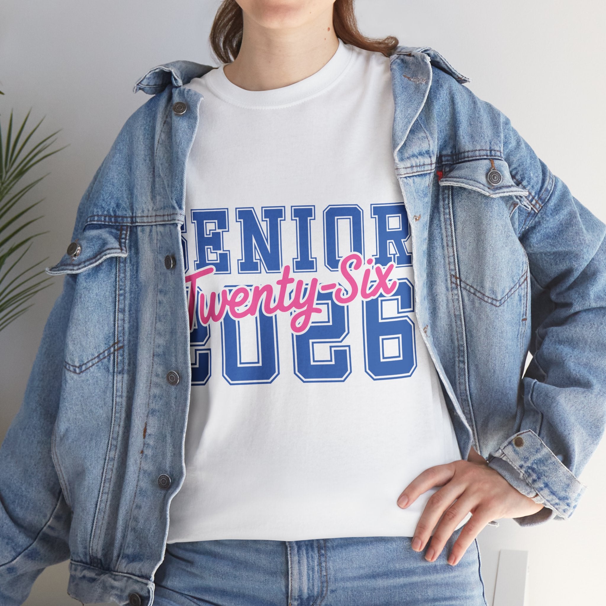 Senior 2026 Tee — Pink Varsity Block with Blue Script Overlay Unisex Cotton Tee