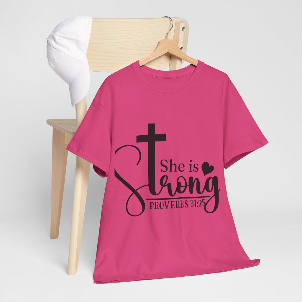 Proverbs 31:25 'She is Strong' T-Shirt – Christian Cross & Heart Unisex Cotton Tee