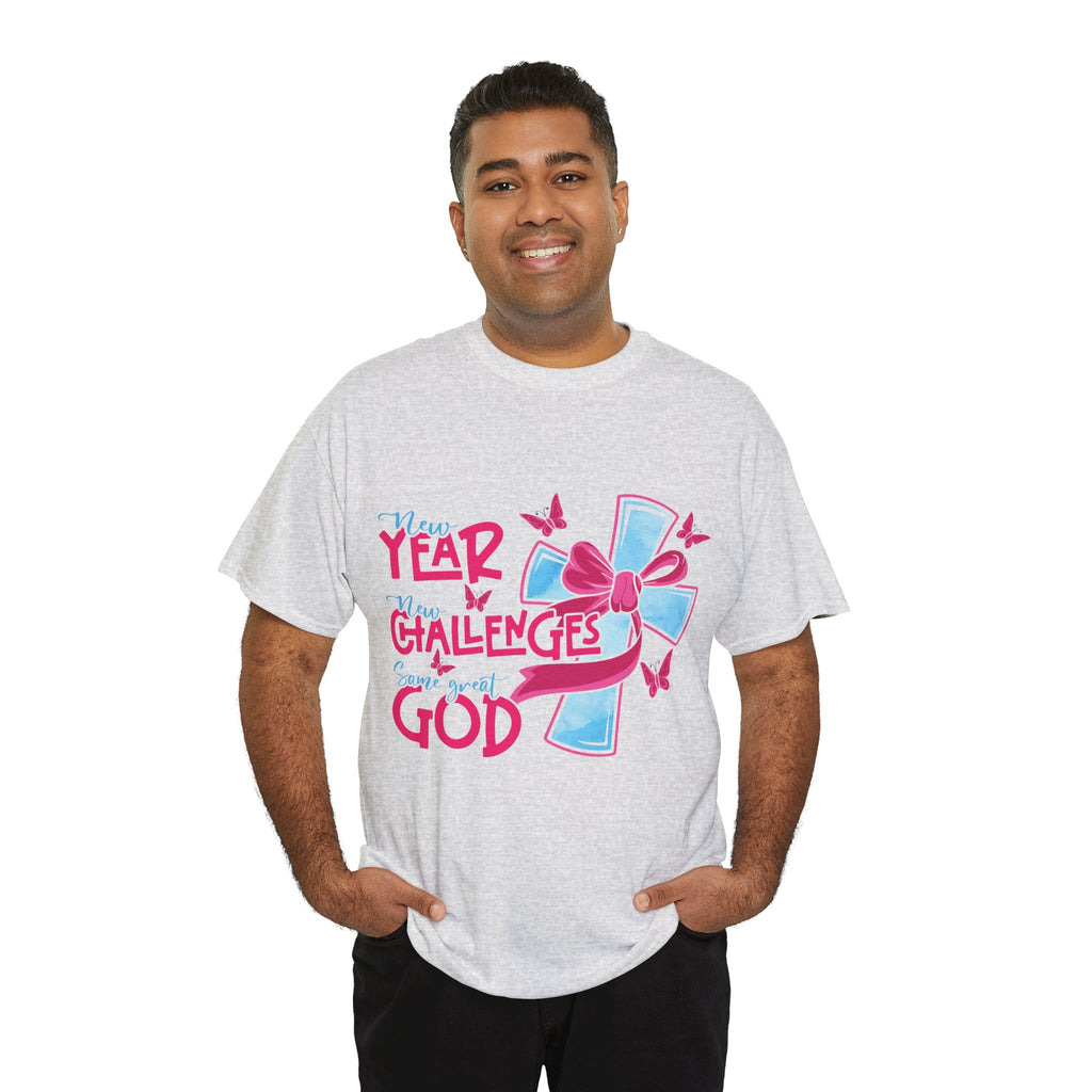 Christian T-Shirt — “New Year, New Challenges, Same Great God” with Pink Bow Cross & Butterflies. Unisex Cotton Tee