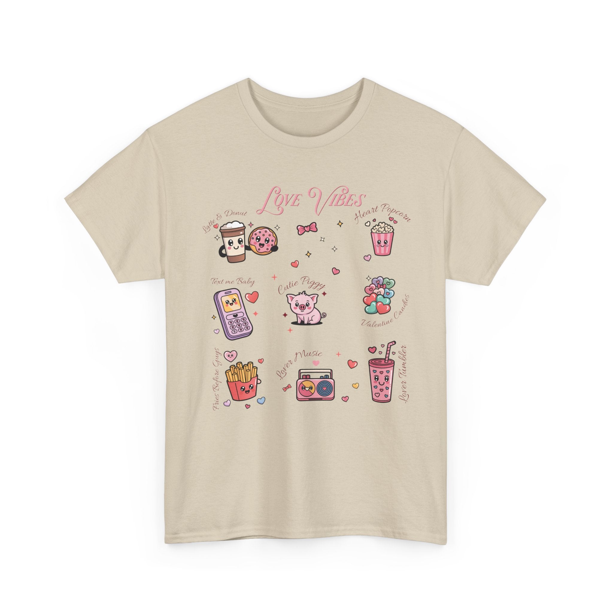 Love Vibes Kawaii Valentine T-Shirt — Cute Donut, Coffee & Piglet Design Unisex Cotton Tee