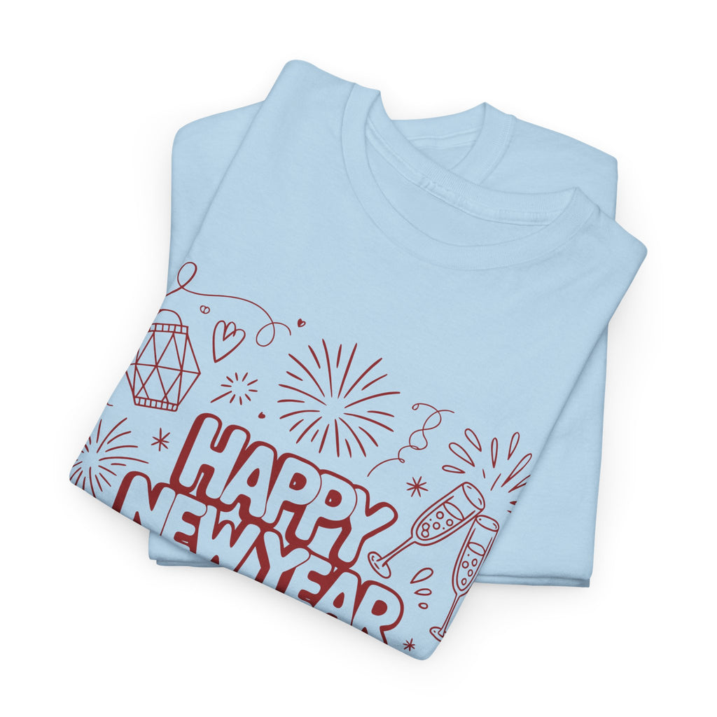 Happy New Year 2026 Doodle T-Shirt — Pink Party Icons & Champagne Unisex Cotton Tee
