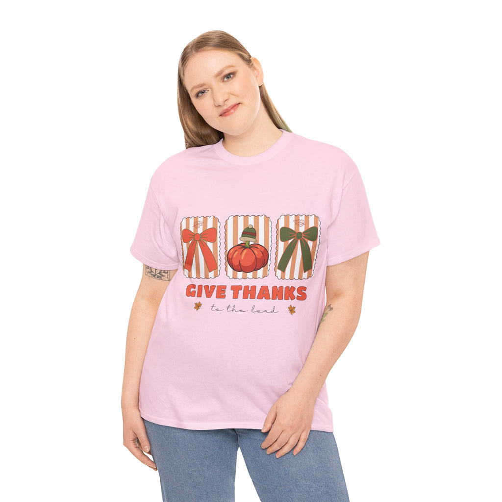 Give Thanks Thanksgiving T-Shirt — Pumpkin with Hat & Bows Unisex Cotton Tee