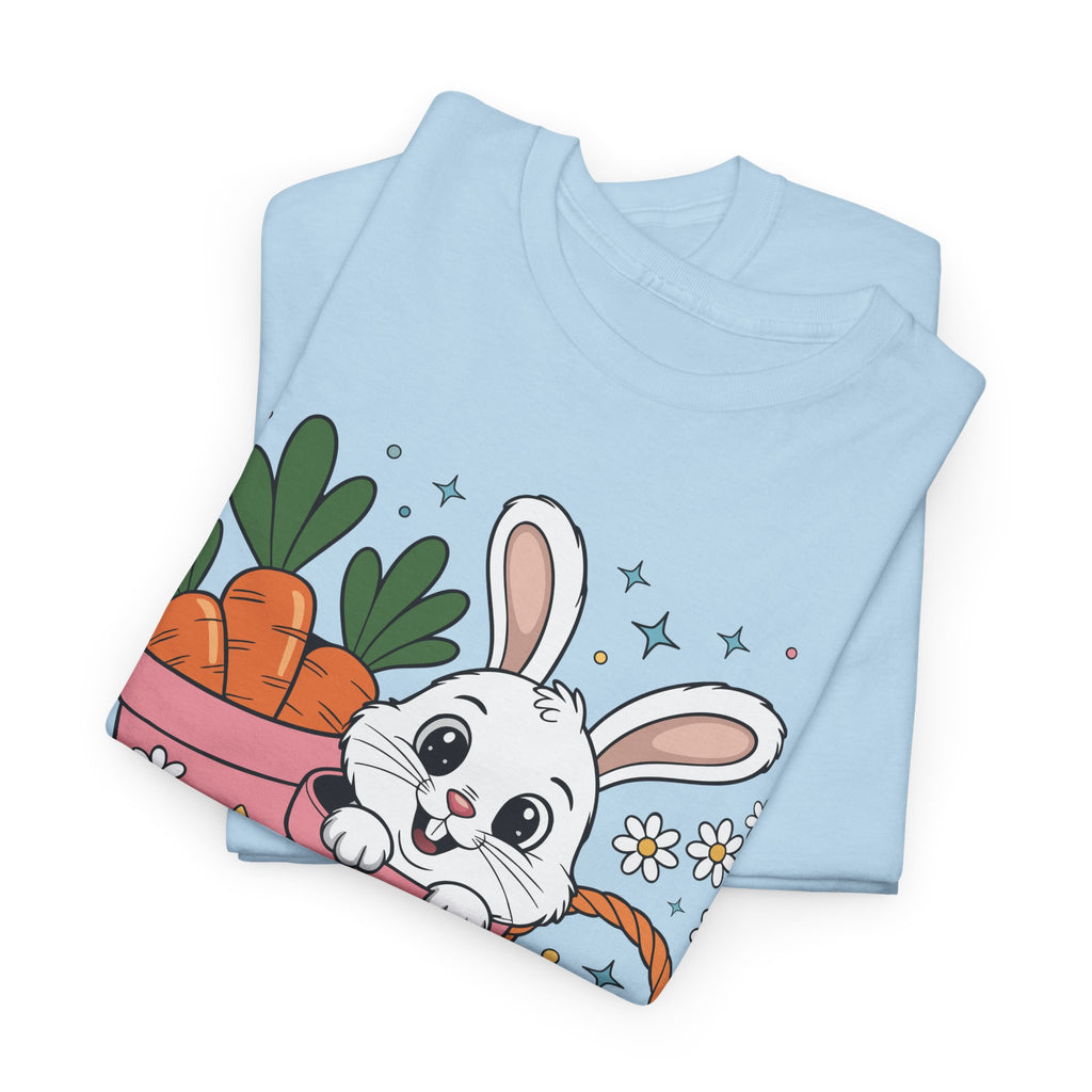 Easter Bunny in Pink Rain Boots T-Shirt — Cartoon Bunny, Carrots & Colorful Eggs Unisex Cotton Tee