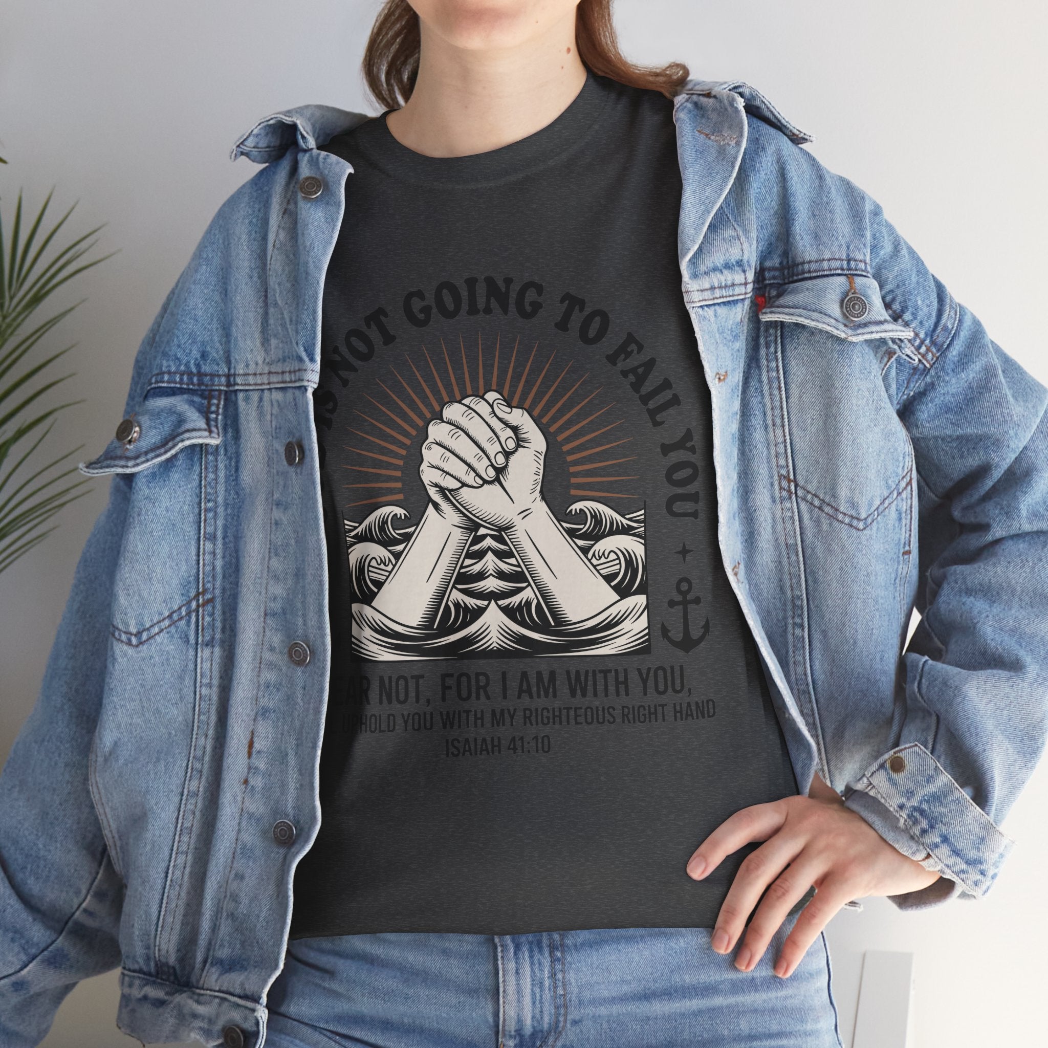 Isaiah 41:10 "Fear Not, For I Am With You" T-Shirt — Clasped Hands Rising from Waves Christian Unisex Cotton Tee
