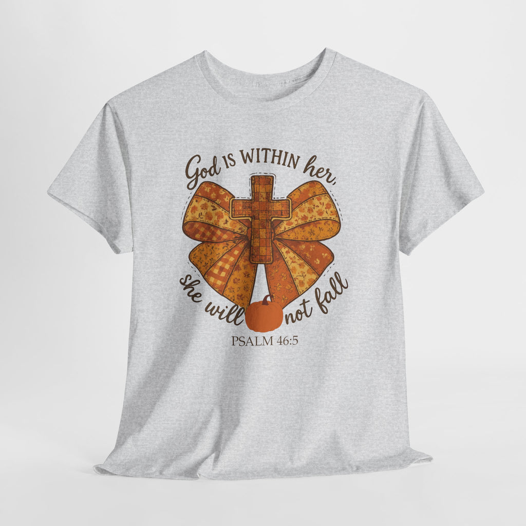 Psalm 46:5 Cross Patchwork Tee — Fall Bow Christian Unisex Cotton T-Shirt