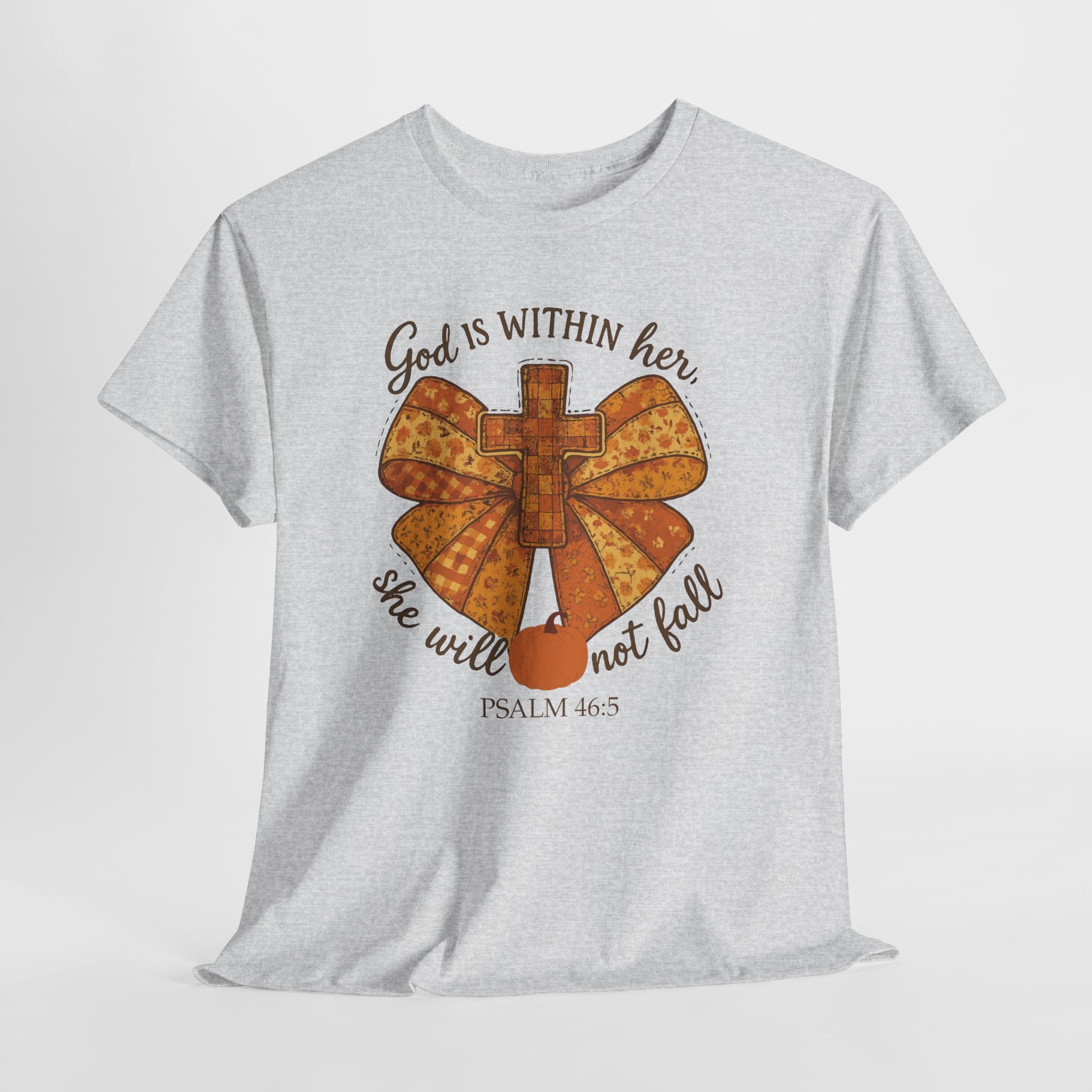 Psalm 46:5 Cross Patchwork Tee — Fall Bow Christian Unisex Cotton T-Shirt