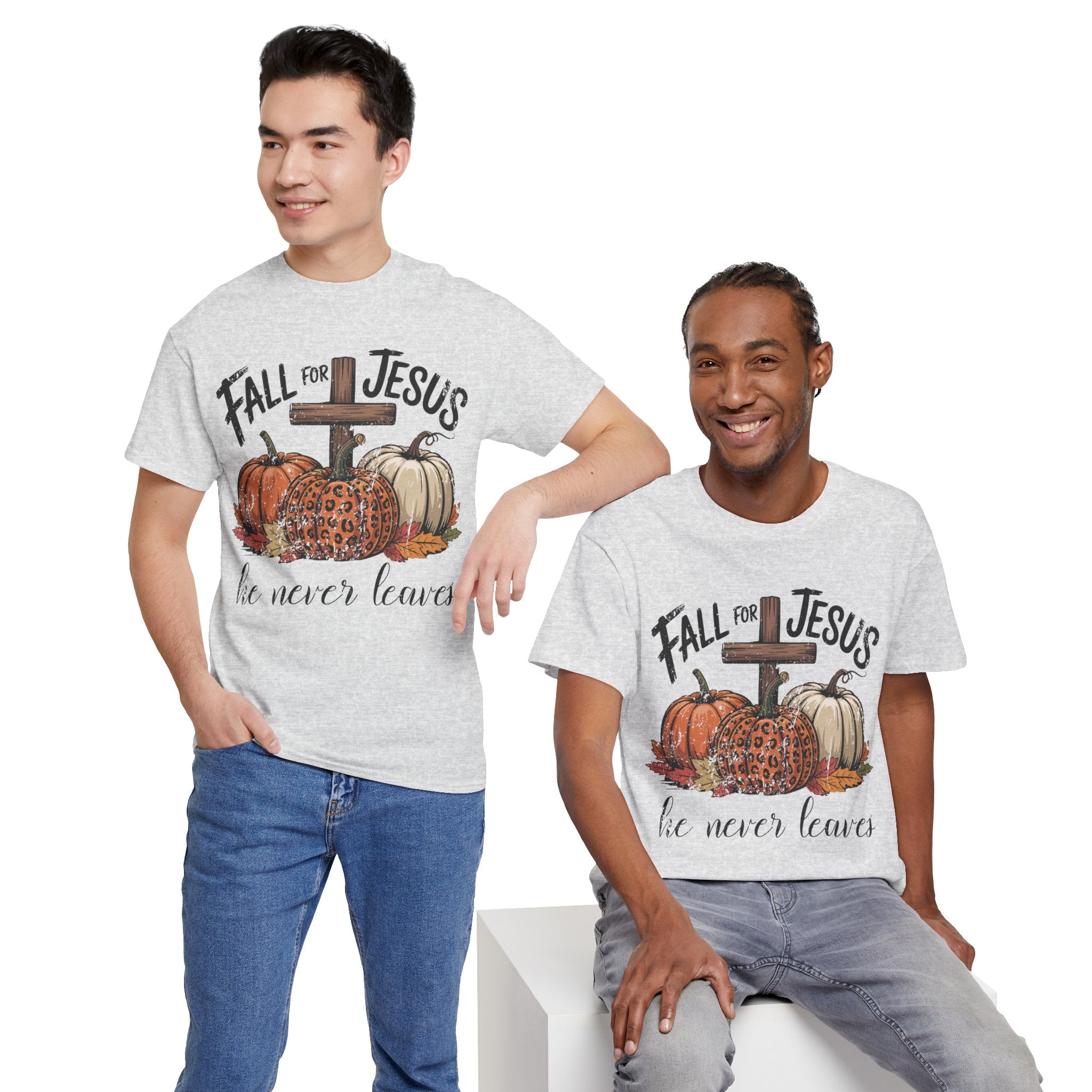 Fall for Jesus Pumpkin Cross Tee — "He Never Leaves" Autumn Christian Unisex Cotton T-Shirt