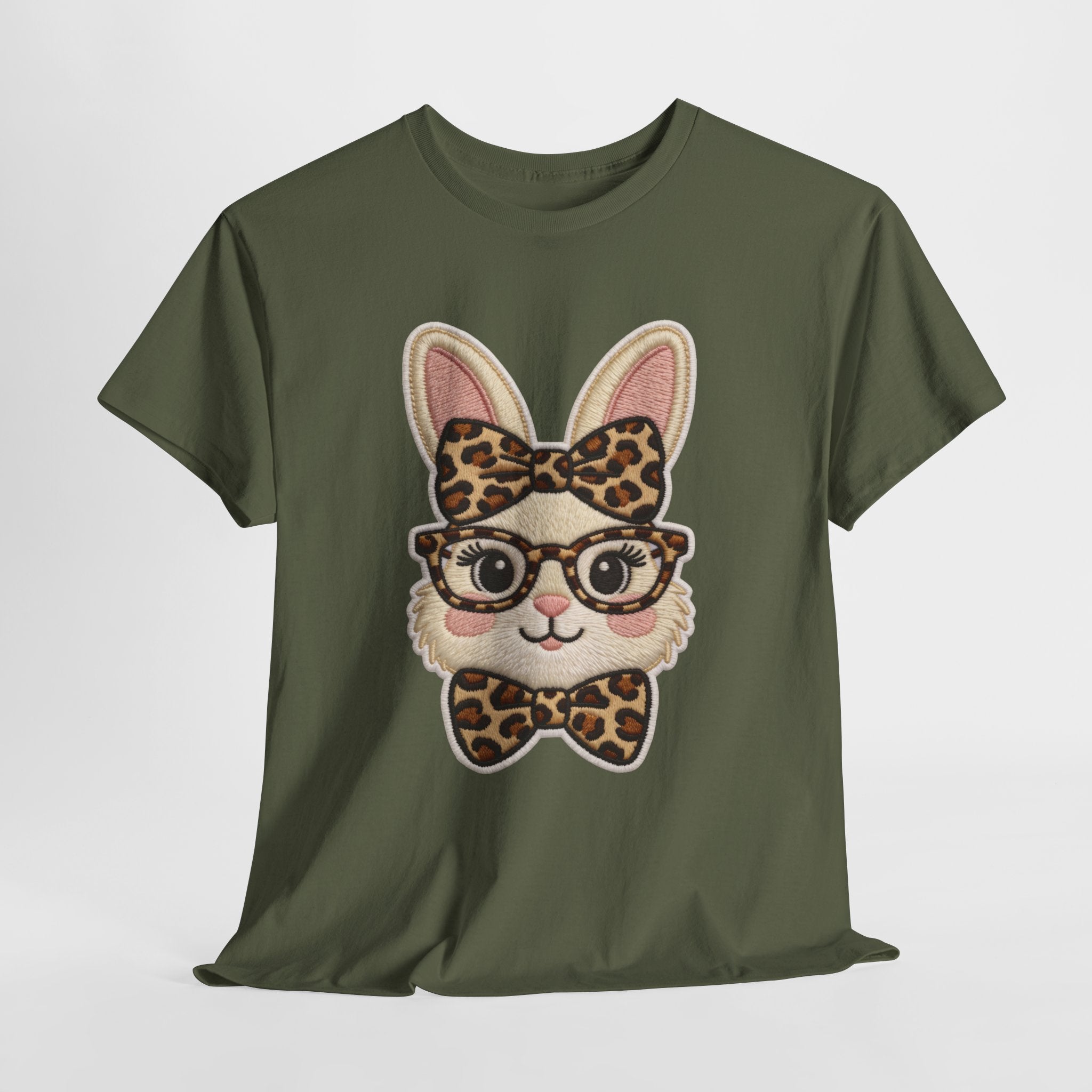 Leopard Bow Bunny Embroidered Tee — Cute Bunny Face with Glasses Patch Unisex Cotton Tee