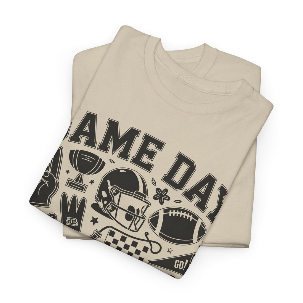 Game Day Touch Down Football T‑Shirt — Helmet & Cheer Monochrome Design Unisex Cotton Tee