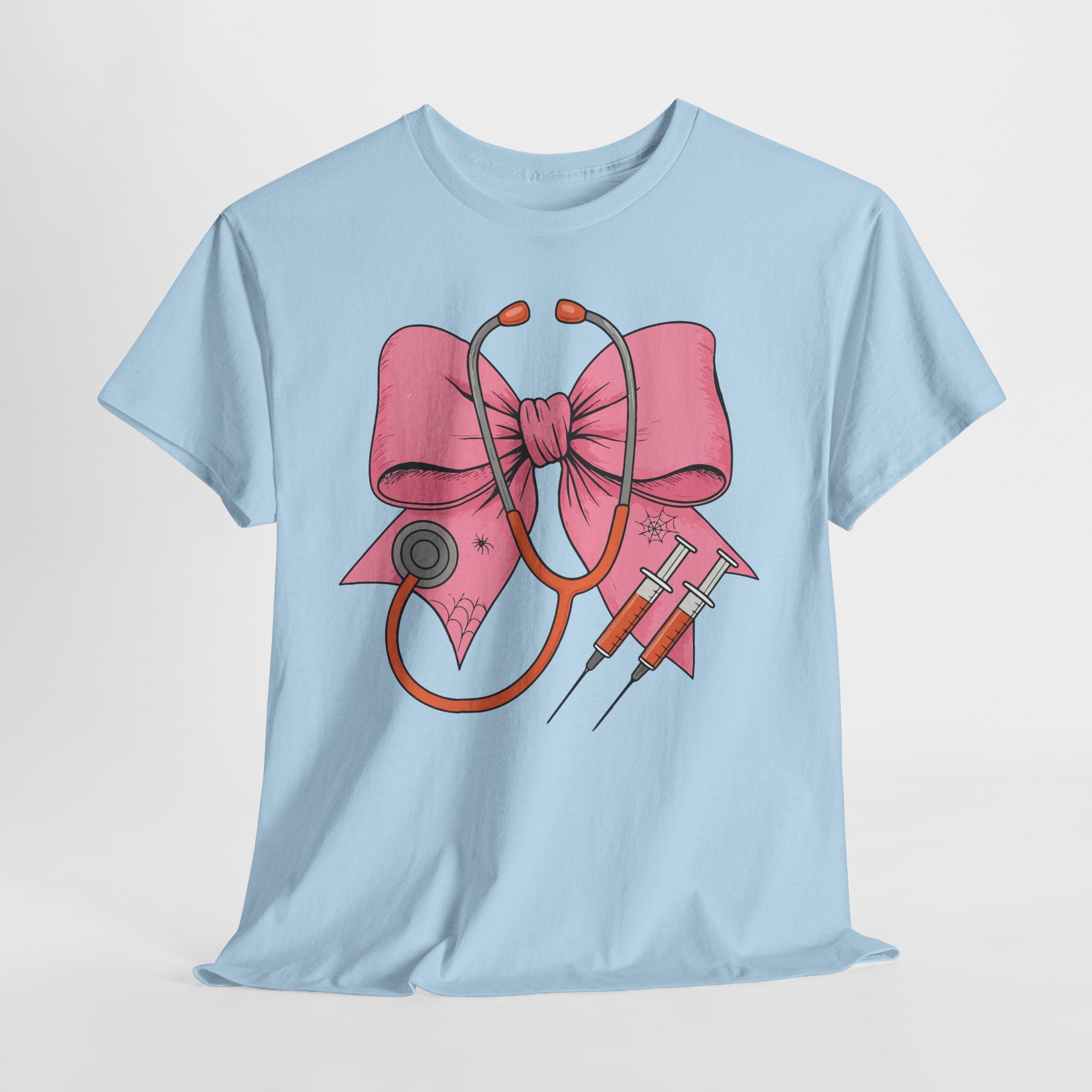 Halloween Nurse T‑Shirt — Pink Nurse Bow with Stethoscope, Syringes & Spider Webs..Unisex Cotton Tee