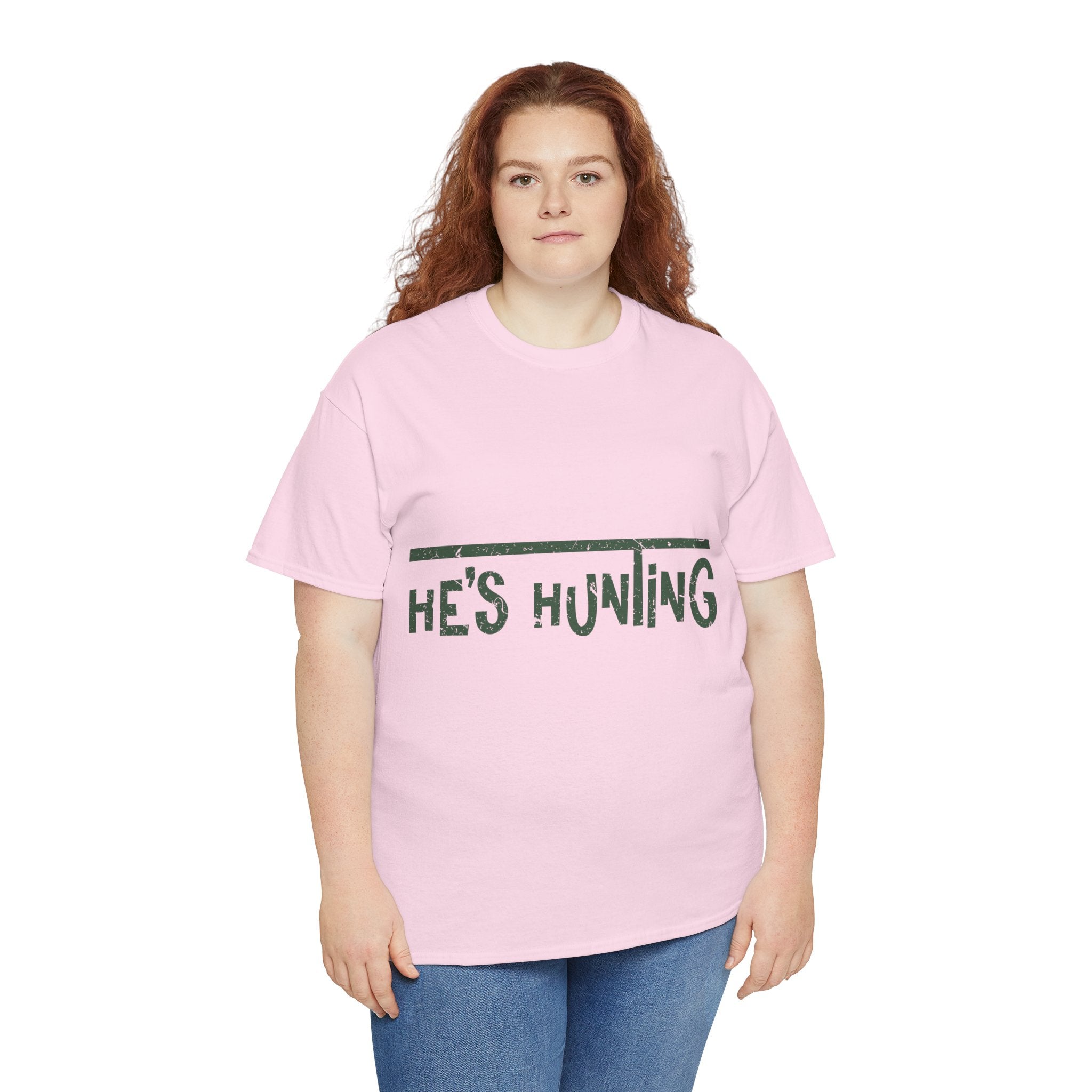 He’s Hunting Distressed Tee — Minimalist Tan Hunting Unisex Cotton Tshirt