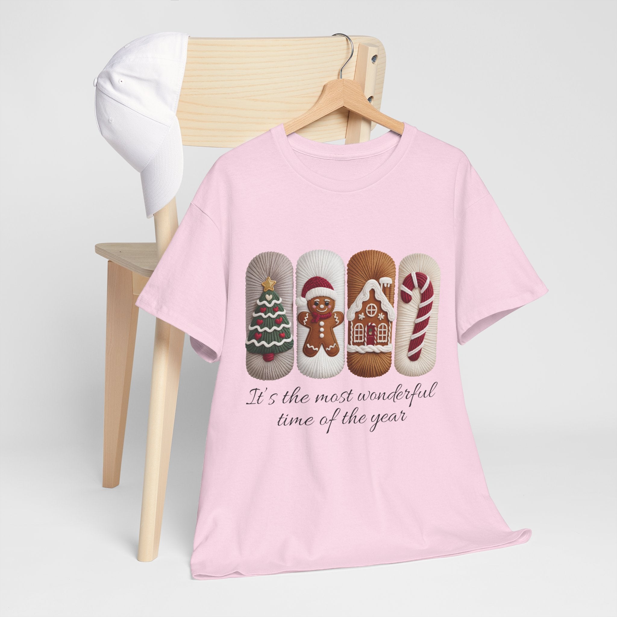 Christmas Faux-Yarn Tree Tee — Gingerbread House & Candy Cane Holiday Unisex Cotton T-Shirt