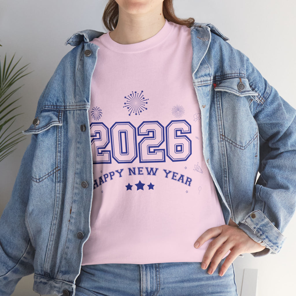 Happy New Year 2026 Varsity Tee — Fireworks & Confetti Celebration Unisex Cotton Tee
