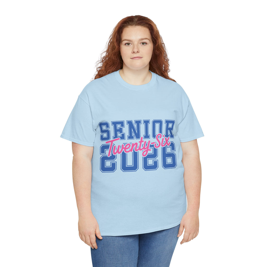 Senior 2026 Tee — Pink Varsity Block with Blue Script Overlay Unisex Cotton Tee