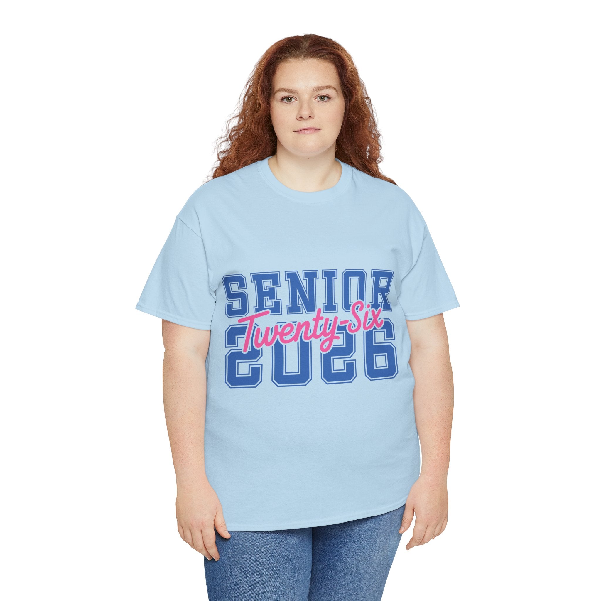 Senior 2026 Tee — Pink Varsity Block with Blue Script Overlay Unisex Cotton Tee
