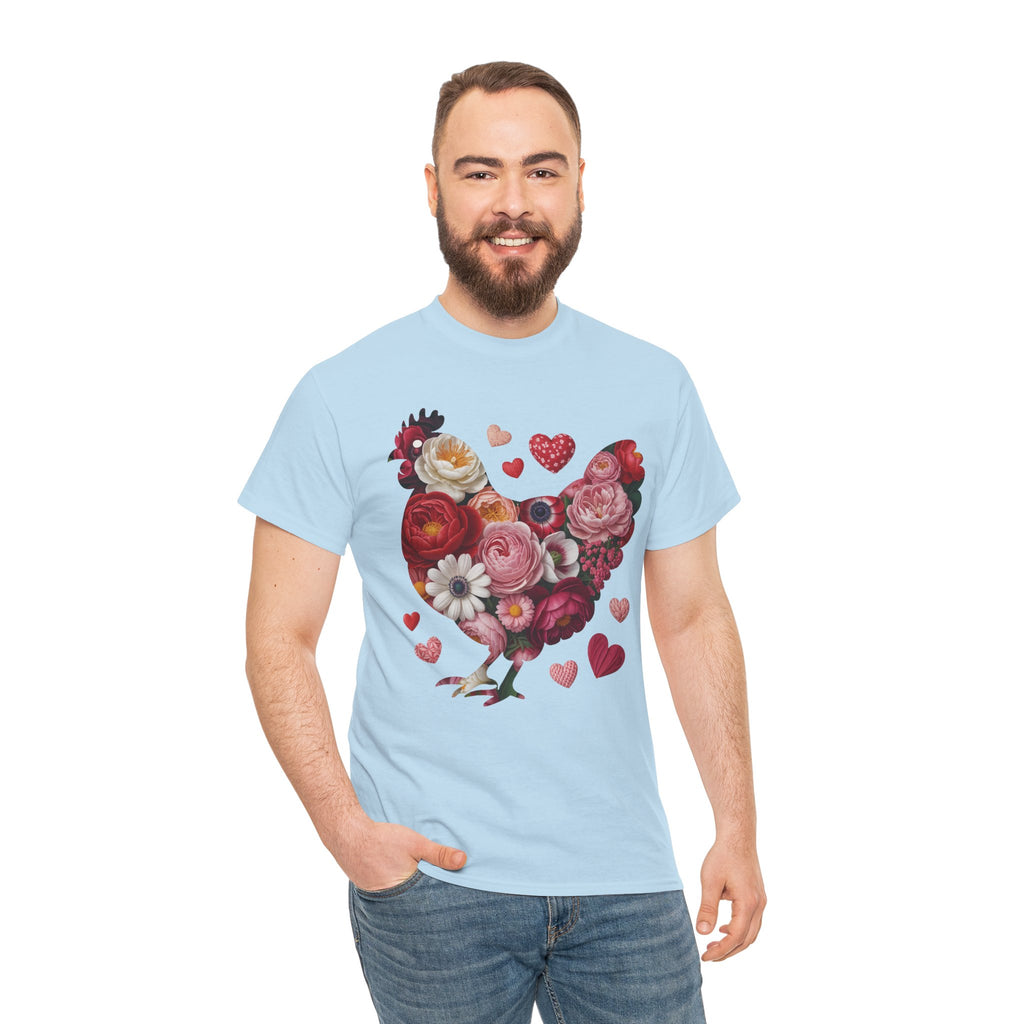 Floral Chicken Heart Tee — Red & Pink Flower Silhouette Unisex Cotton Tee