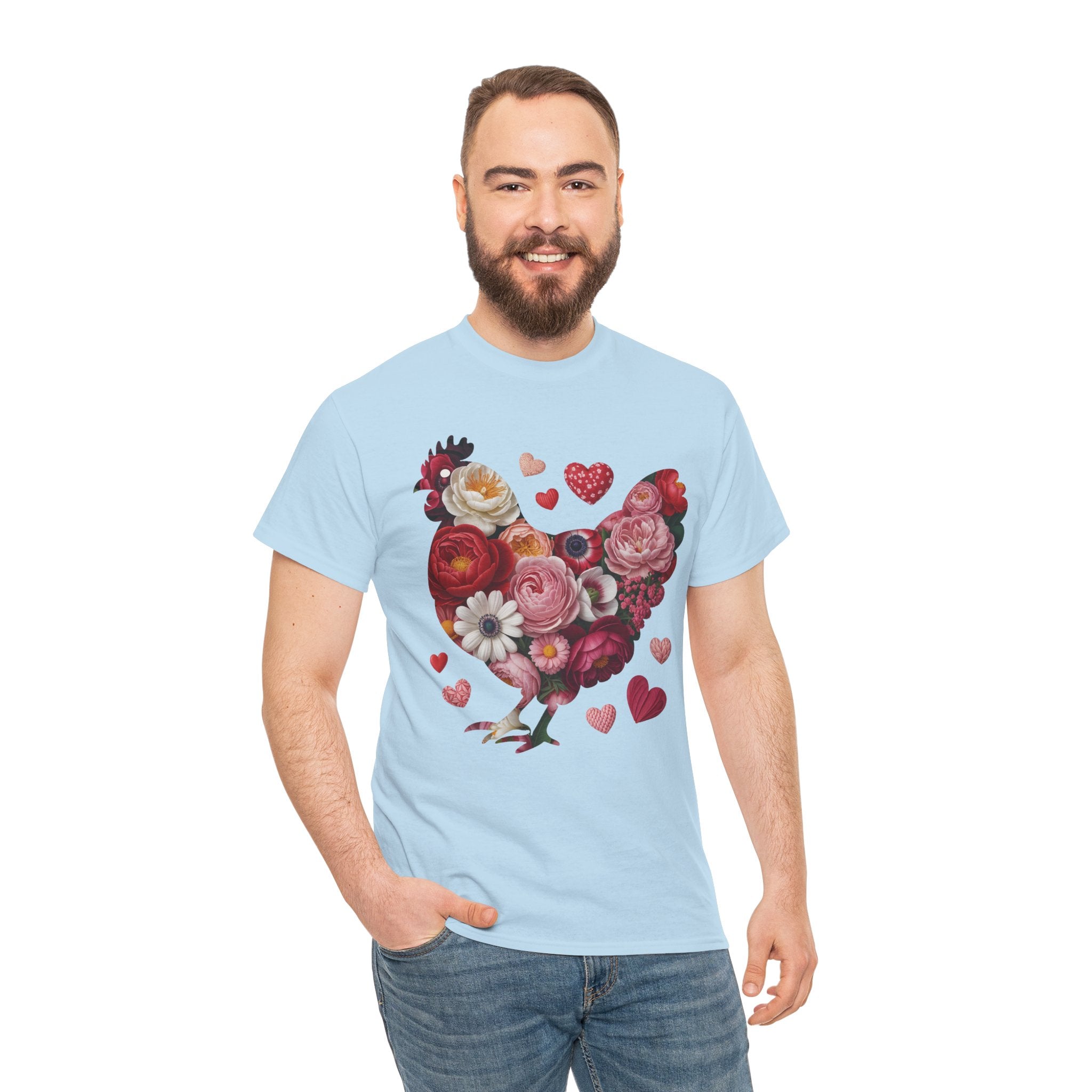 Floral Chicken Heart Tee — Red & Pink Flower Silhouette Unisex Cotton Tee