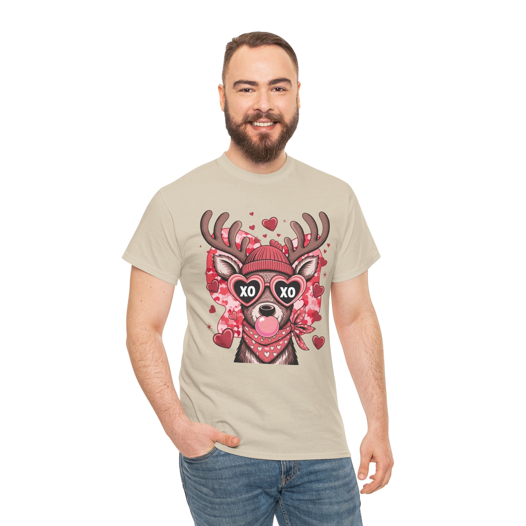 Valentine Deer Tee — Cute XO Heart Glasses, Beanie & Scarf Unisex Cotton Tshirt