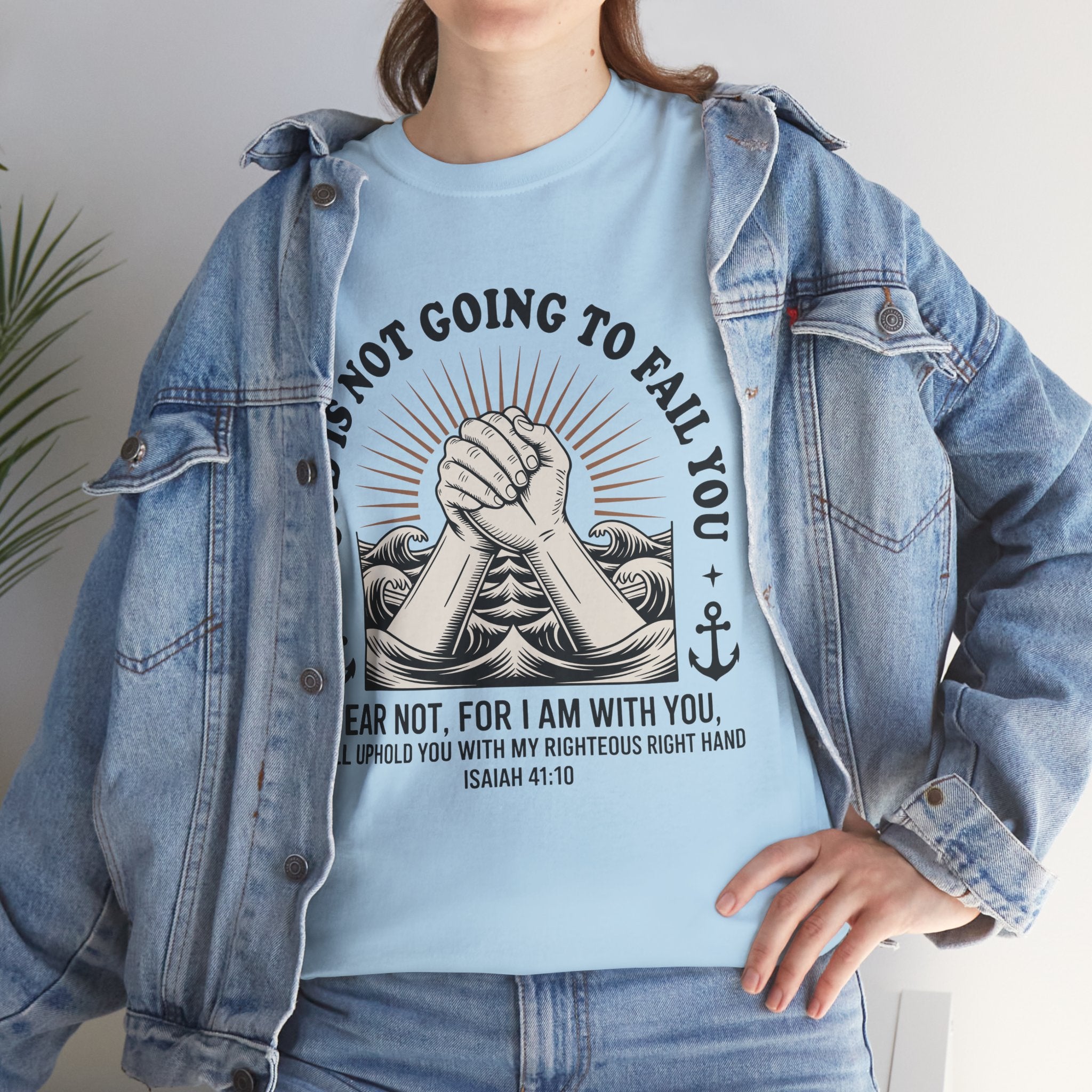 Isaiah 41:10 "Fear Not, For I Am With You" T-Shirt — Clasped Hands Rising from Waves Christian Unisex Cotton Tee