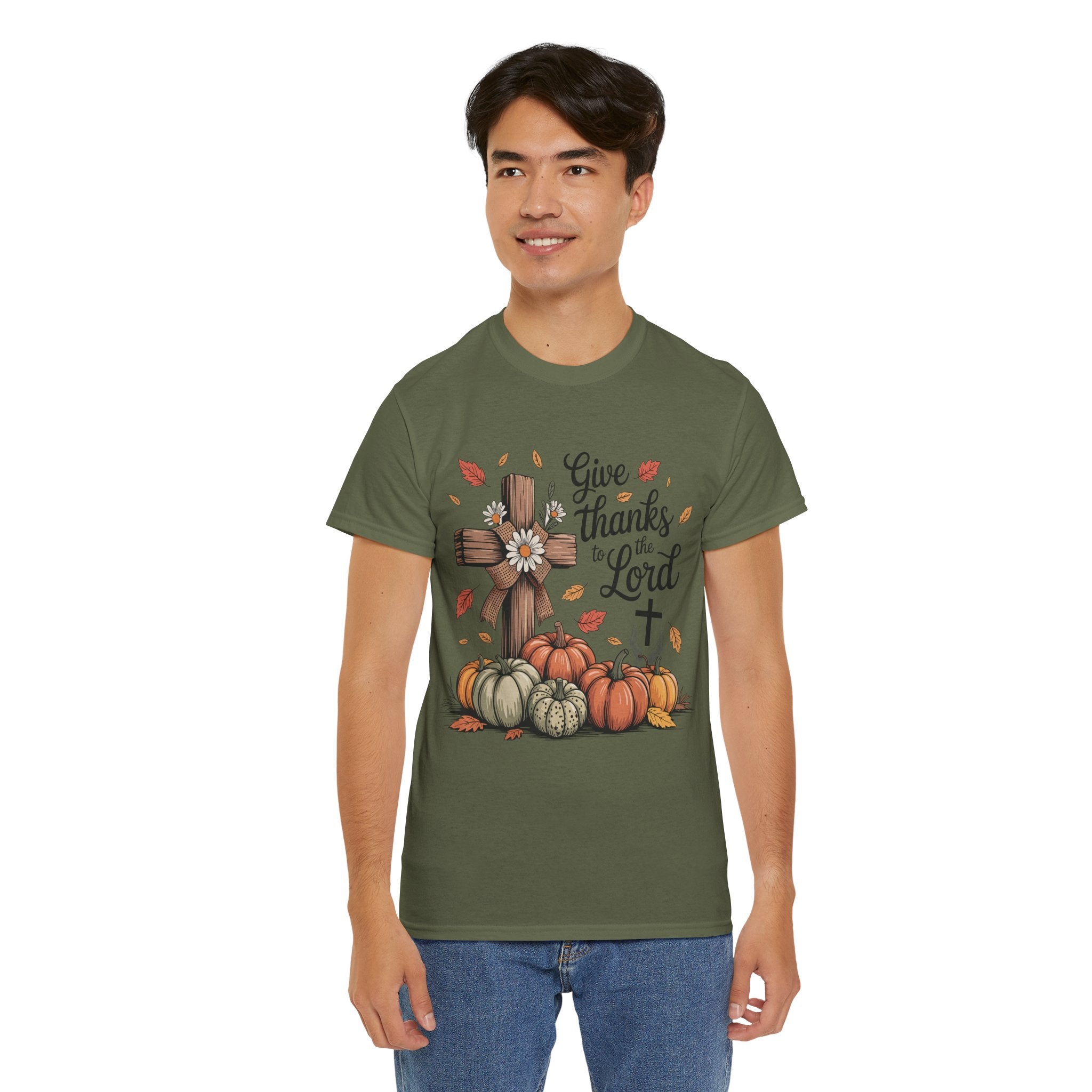 Give Thanks to the Lord Autumn Tee — Wooden Cross, Pumpkins & Daisies..Unisex Cotton Tee
