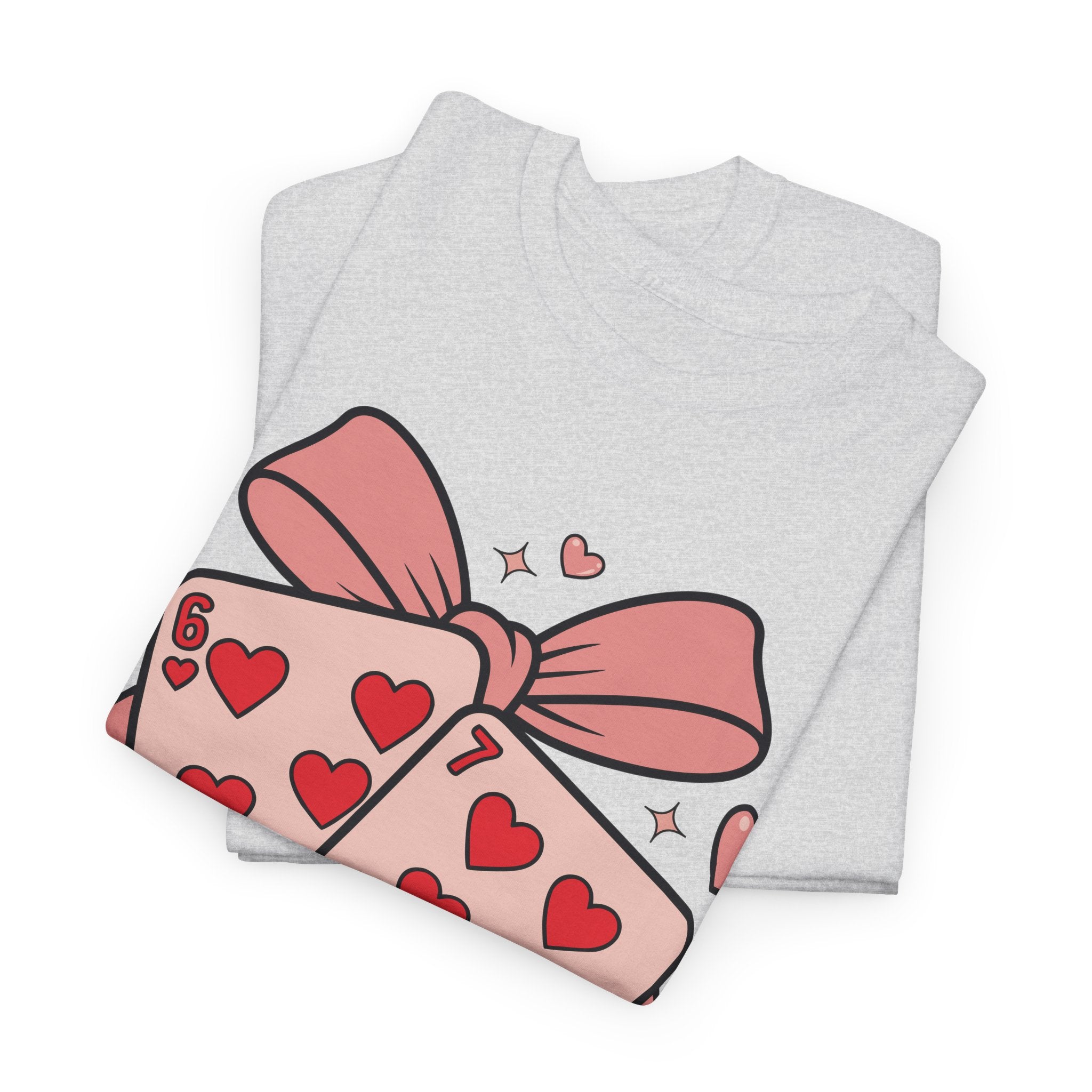 6 & 7 of Hearts T-Shirt — Paired Playing Cards with Pink Bow Unisex Cotton Tee