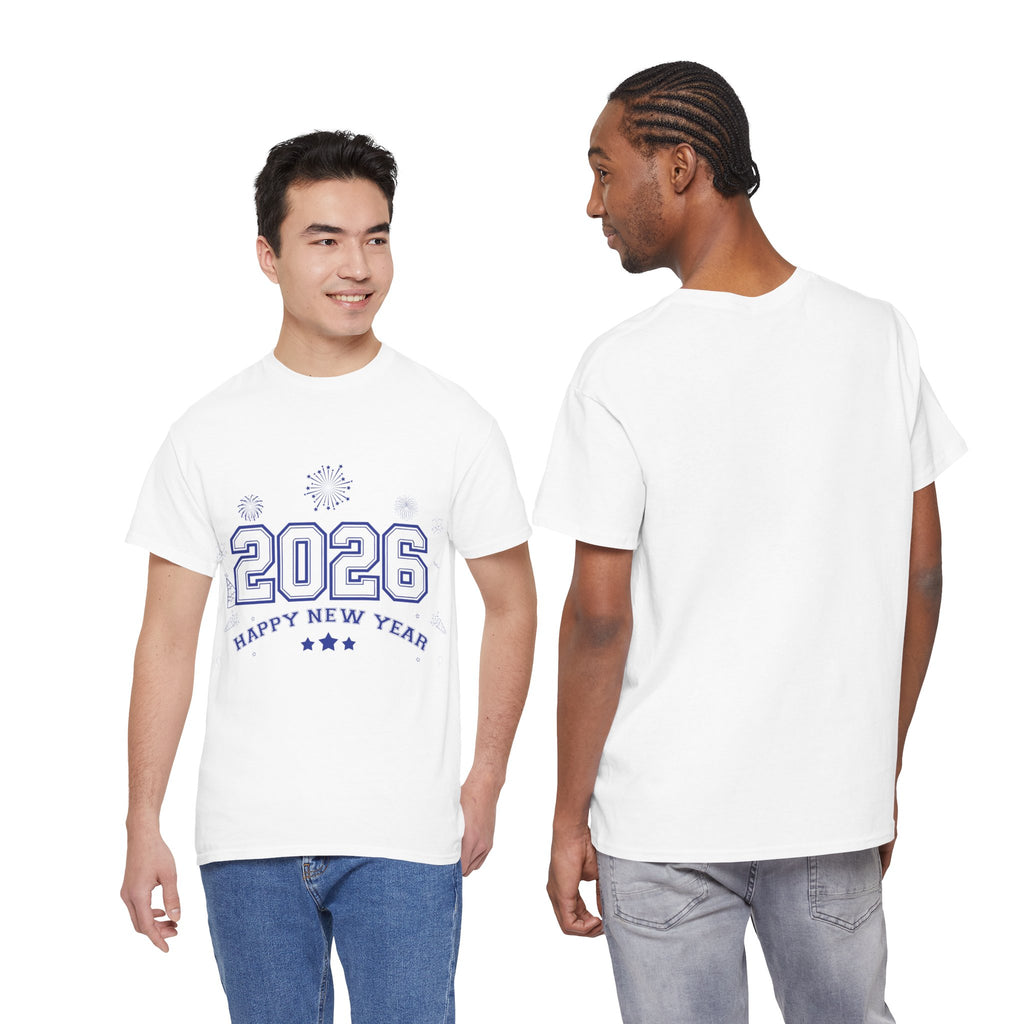 Happy New Year 2026 Varsity Tee — Fireworks & Confetti Celebration Unisex Cotton Tee