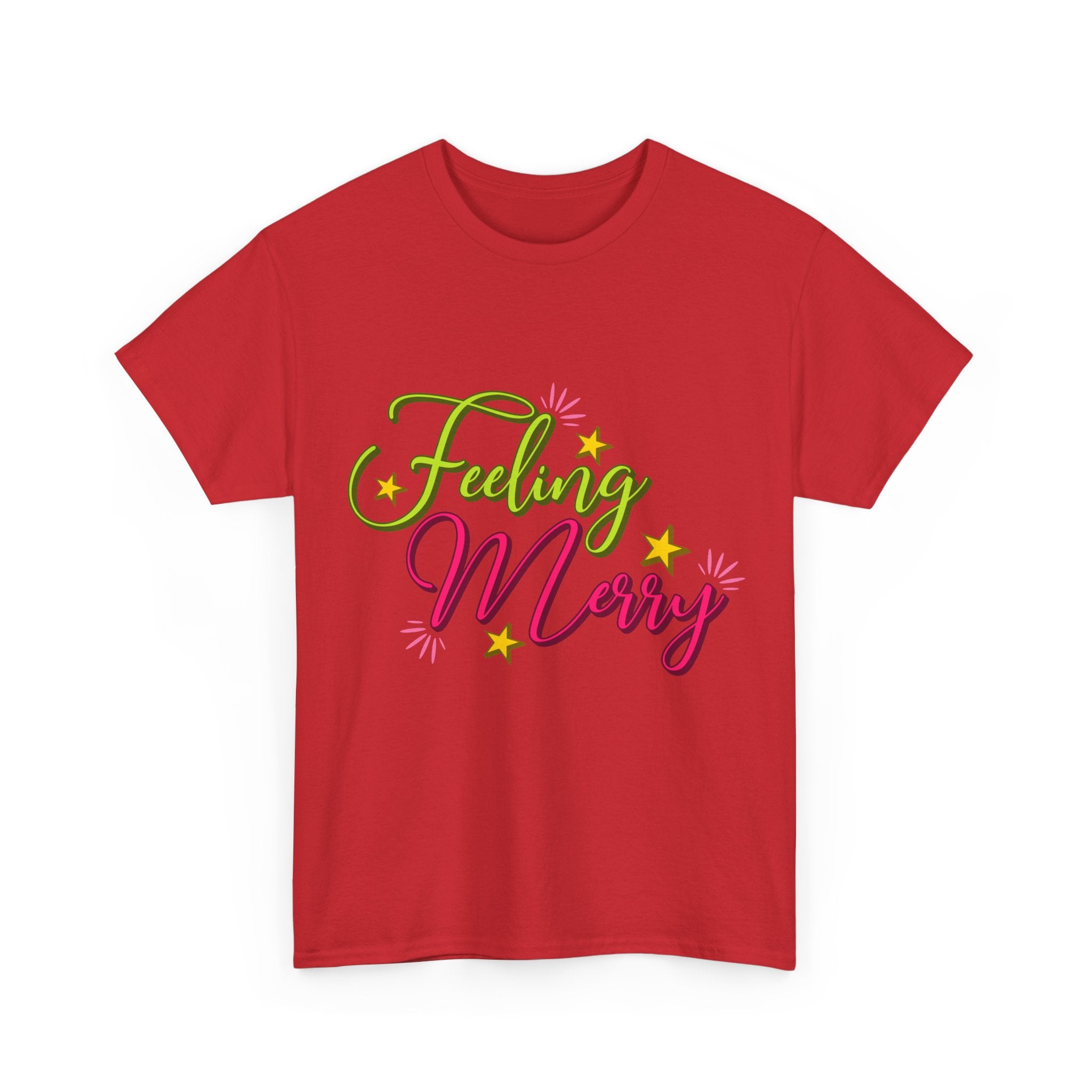 Feeling Merry T-Shirt — Bright Green & Pink Holiday Tee with Stars.Unisex Cotton Tee