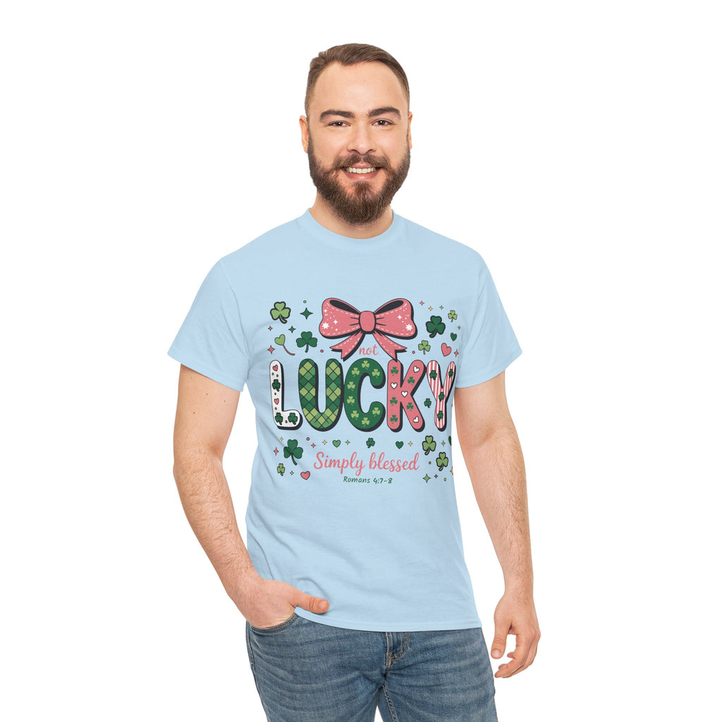 Simply Blessed Tee — “Not Lucky, Simply Blessed” with Pastel Bow, Clovers & Romans 4:7-8 Unisex Cotton Tee