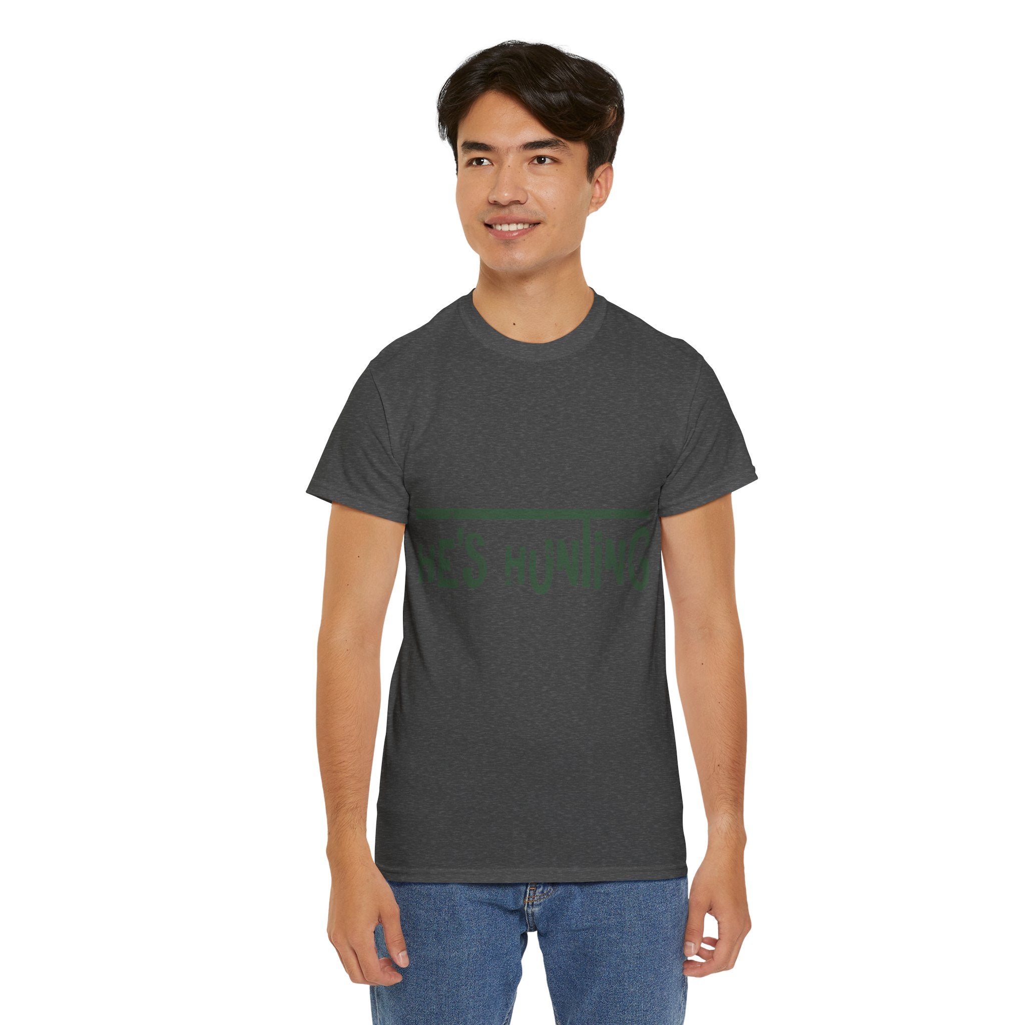 He’s Hunting Distressed Tee — Minimalist Tan Hunting Unisex Cotton Tshirt