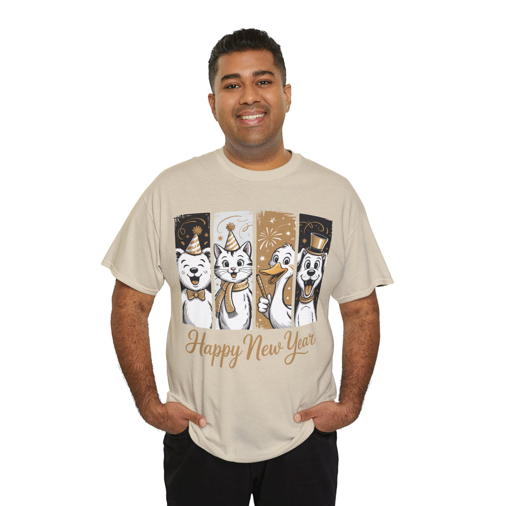 Happy New Year Party Animals T-Shirt — Cute Smiling Animals in Party Hats & Gold Fireworks..Unisex Cotton Tee