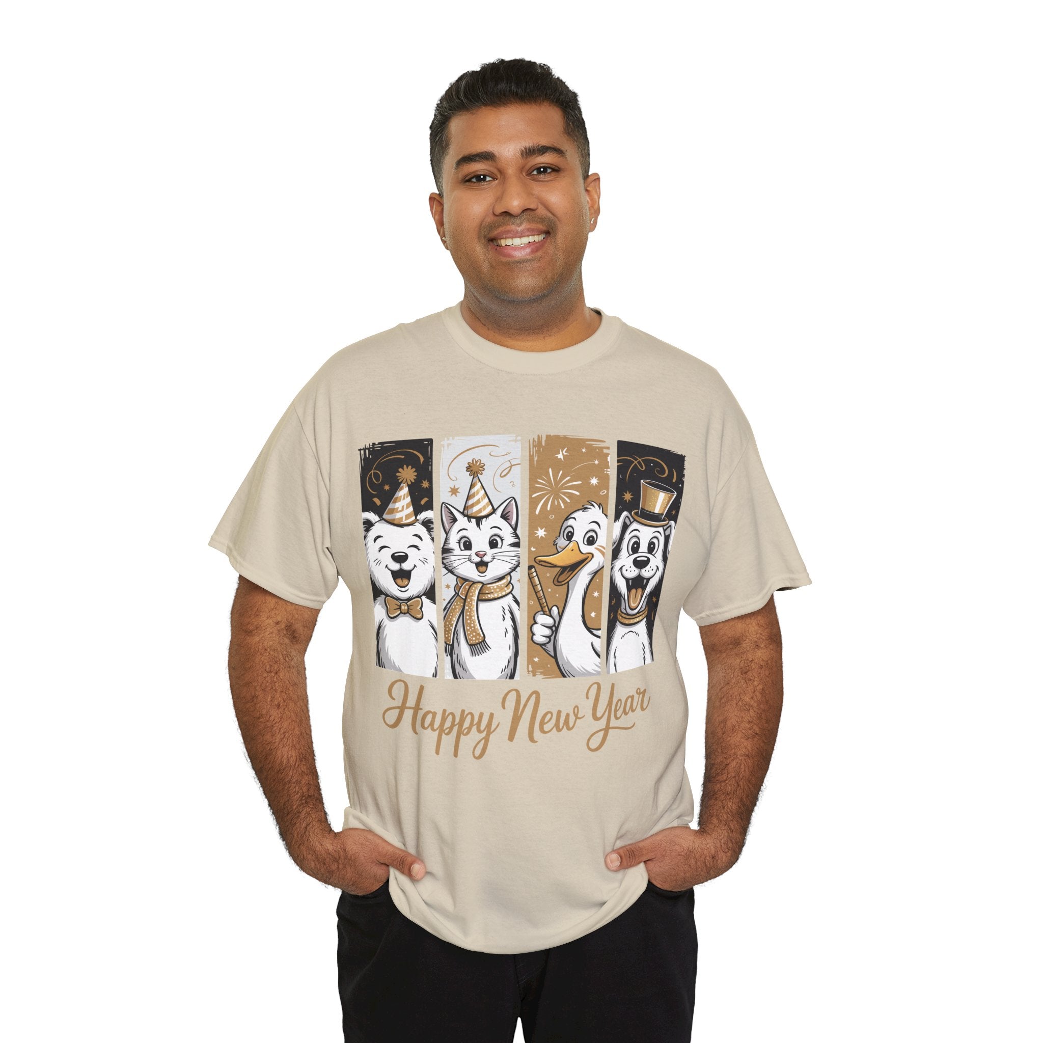 Happy New Year Party Animals T-Shirt — Cute Smiling Animals in Party Hats & Gold Fireworks..Unisex Cotton Tee