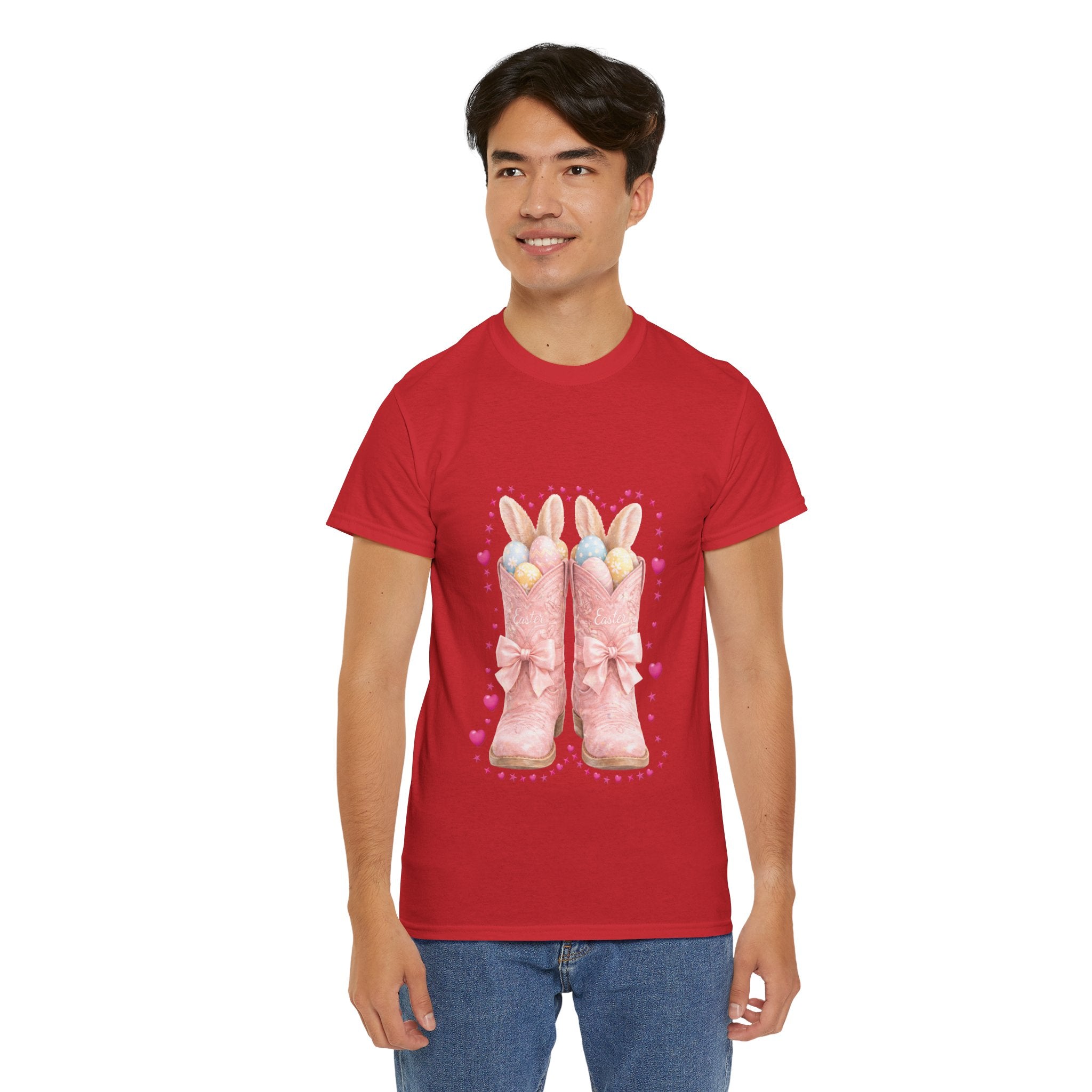 Easter Pink Western Boots Tee — Pastel Bunny Eggs & Bows Unisex Cotton Tee