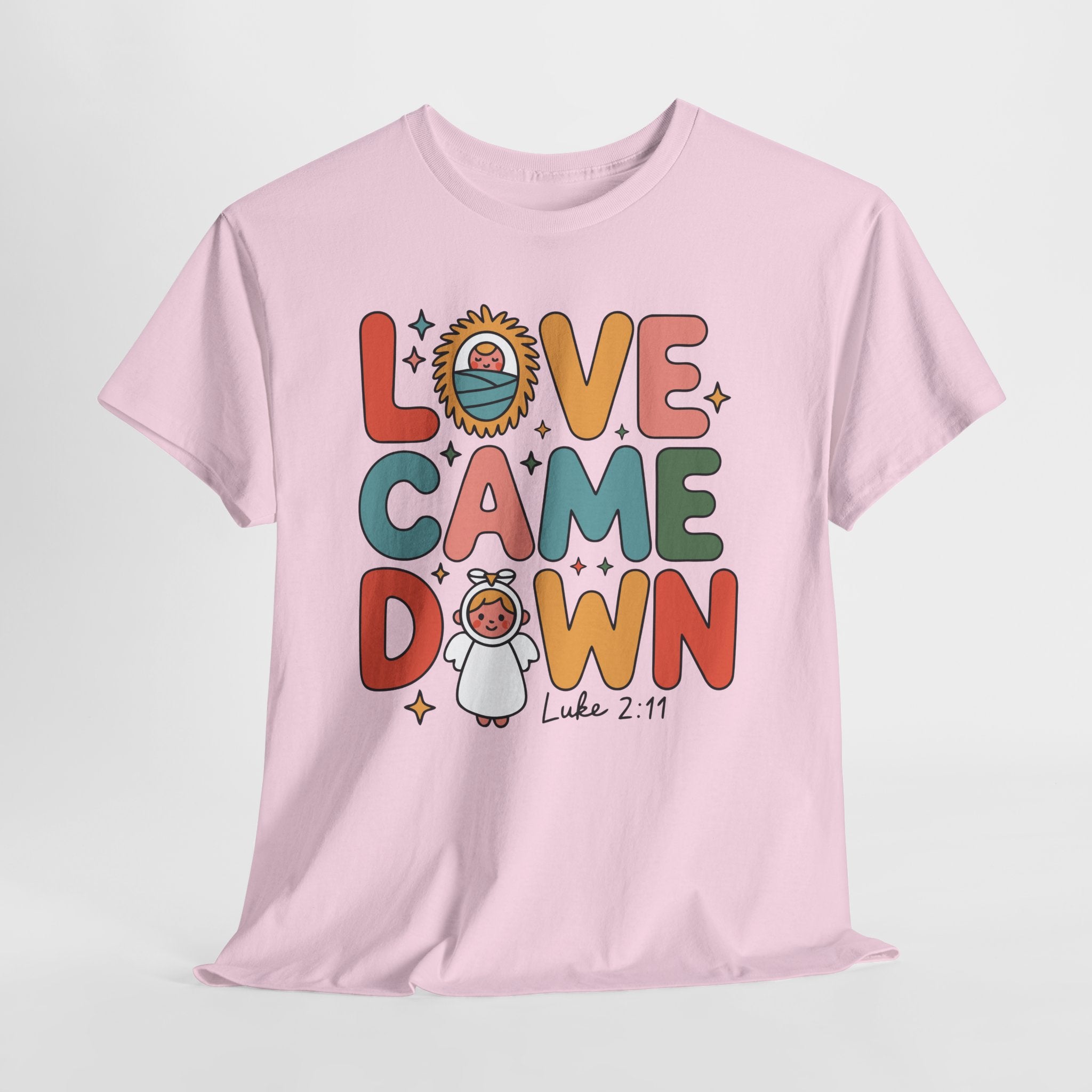 Love Came Down Christmas Tee — Baby Jesus Manger Angel (Luke 2:11)..Unisex Cotton Tee