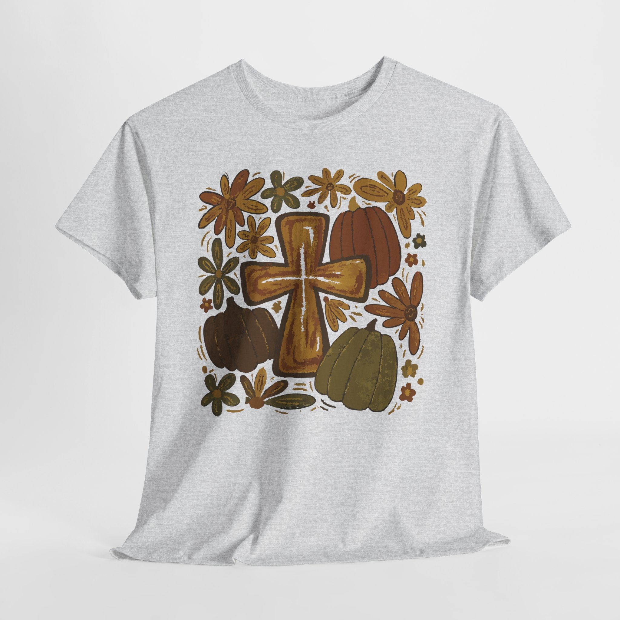 Autumn Cross Tee — Rustic Pumpkin & Fall Floral Christian Unisaex Cotton T-Shirt