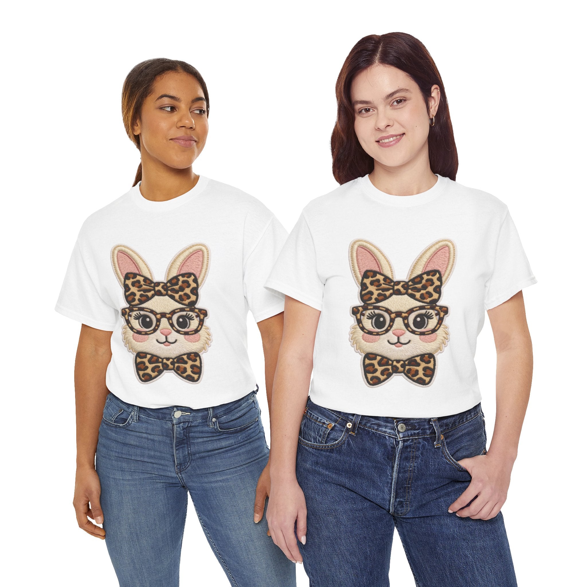 Leopard Bow Bunny Embroidered Tee — Cute Bunny Face with Glasses Patch Unisex Cotton Tee