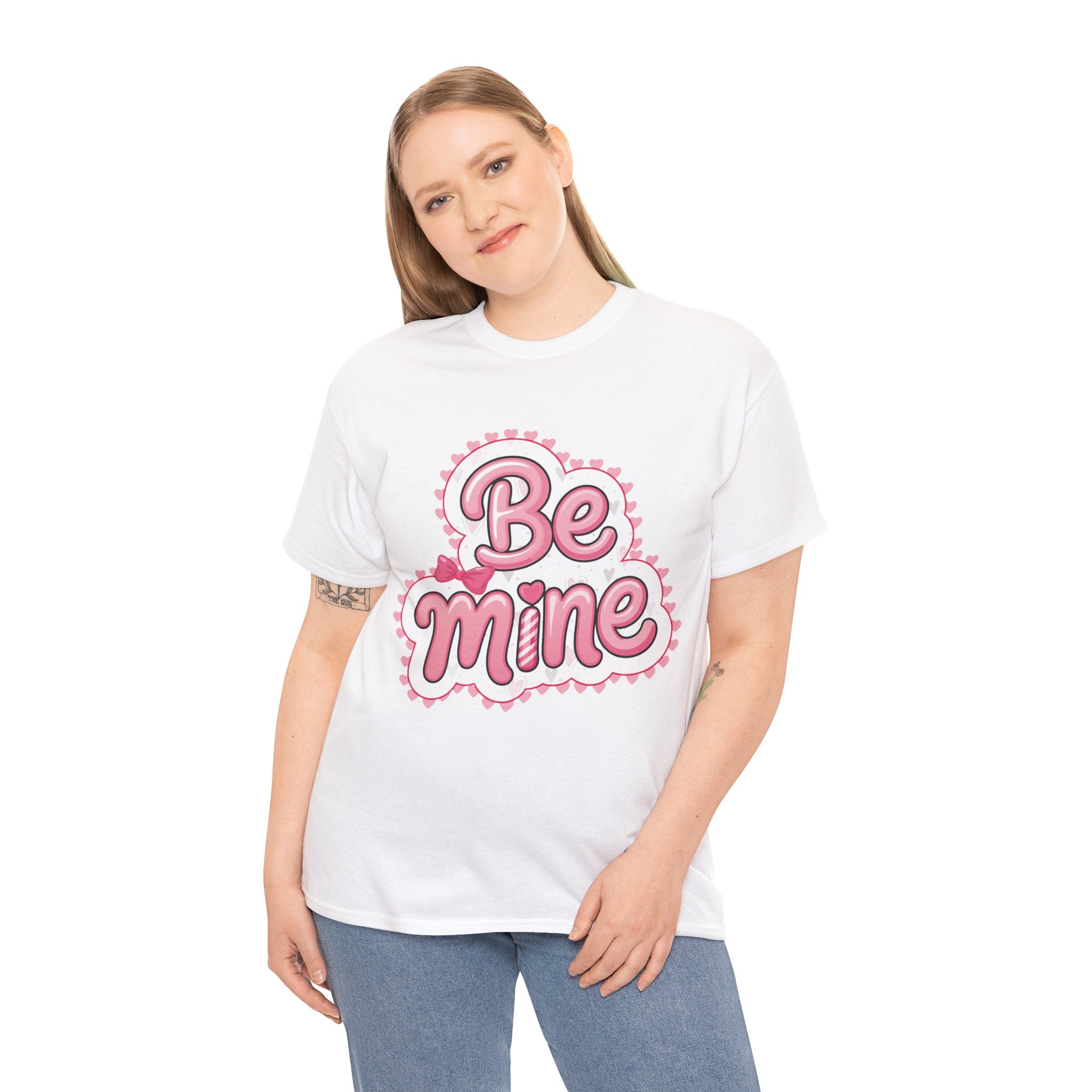 Be Mine Valentine T-Shirt — Pink Bubble Letters with Hearts & Bow..Unisex Cotton Tee