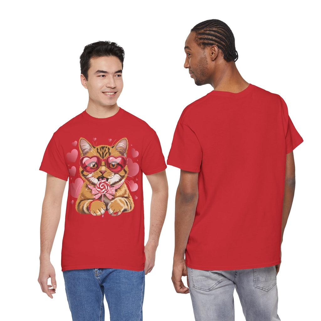 Valentine Cat Tee — Heart Glasses, Lollipop Bow Unisex Cotton Tee