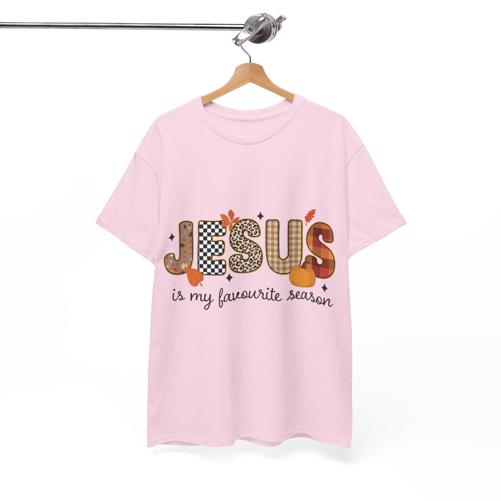 Jesus Is My Favorite Season Tee — Autumn Plaid & Leopard Lettering Unisex Cotton Tee