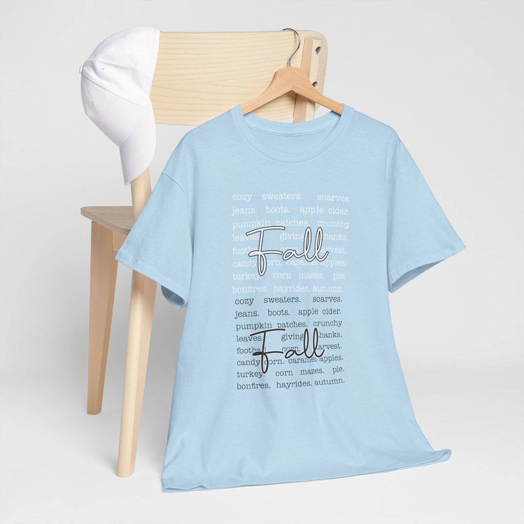 Fall Cursive Typography T-Shirt — Sweaters, Cider & Pumpkins. Unisex Cotton Tee