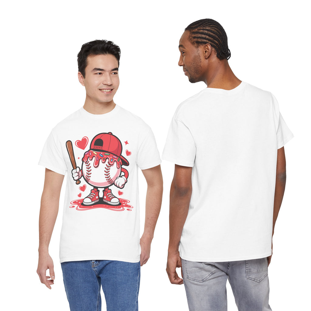 Cute Baseball Character T-Shirt — Red Cap & Icing Top Graphic with Hearts Unisex Cotton Tee