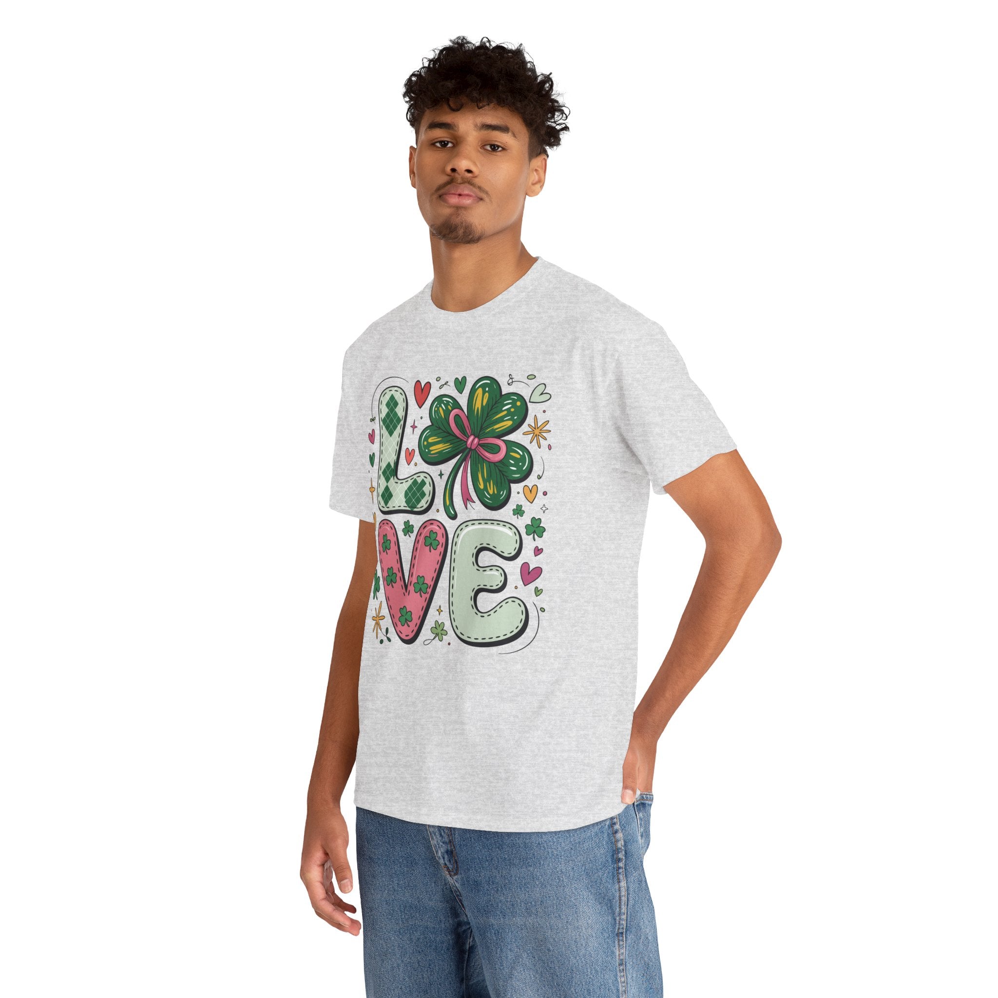 Stitched Clover 'LOVE' Tee — Heart & Patchwork St. Patrick's Unisex Cotton T-Shirt