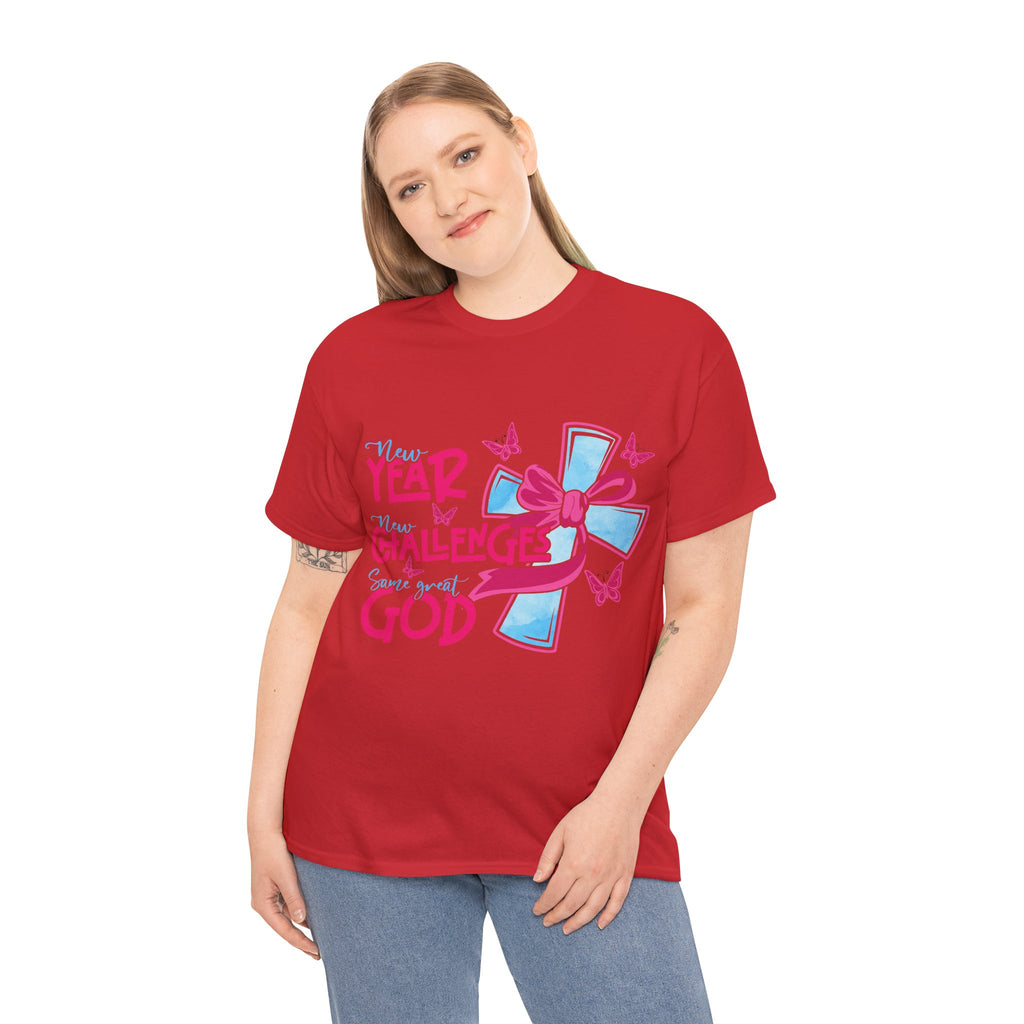 Christian T-Shirt — “New Year, New Challenges, Same Great God” with Pink Bow Cross & Butterflies. Unisex Cotton Tee